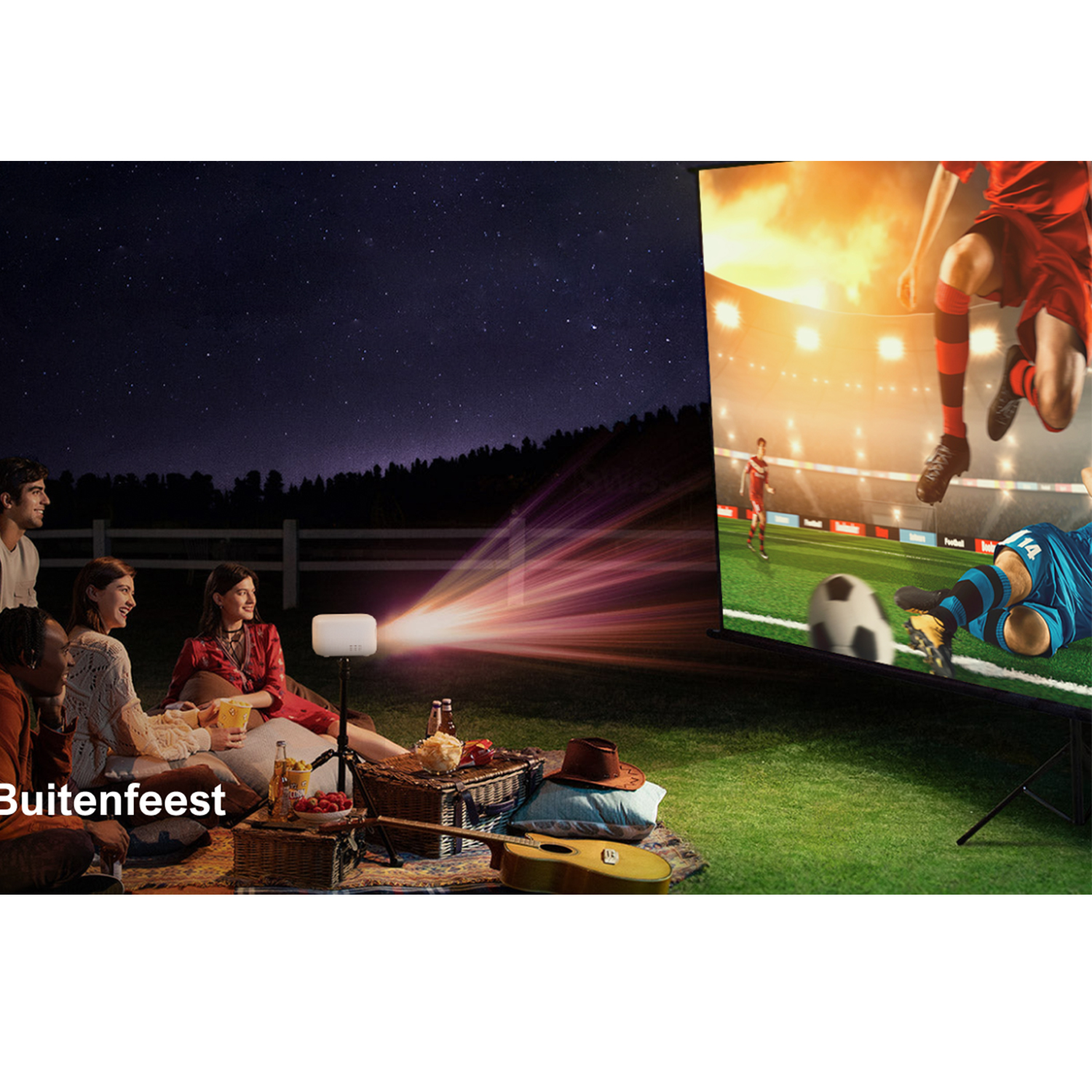 Group of people watching a projector screen outdoors. Picnic basket and stars are in the background.