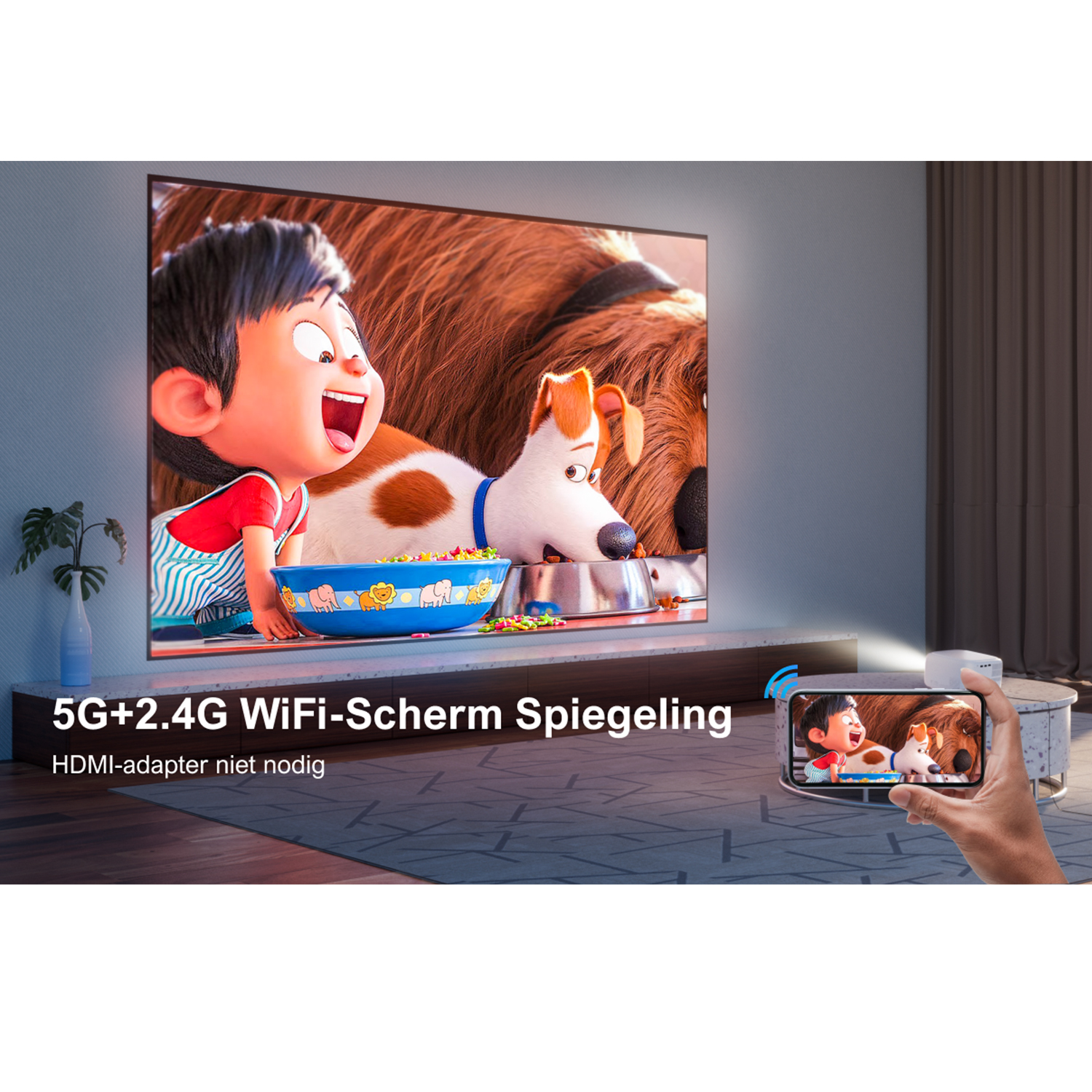 A screen mirroring a cartoon with a smartphone on the right. White projector in the background.