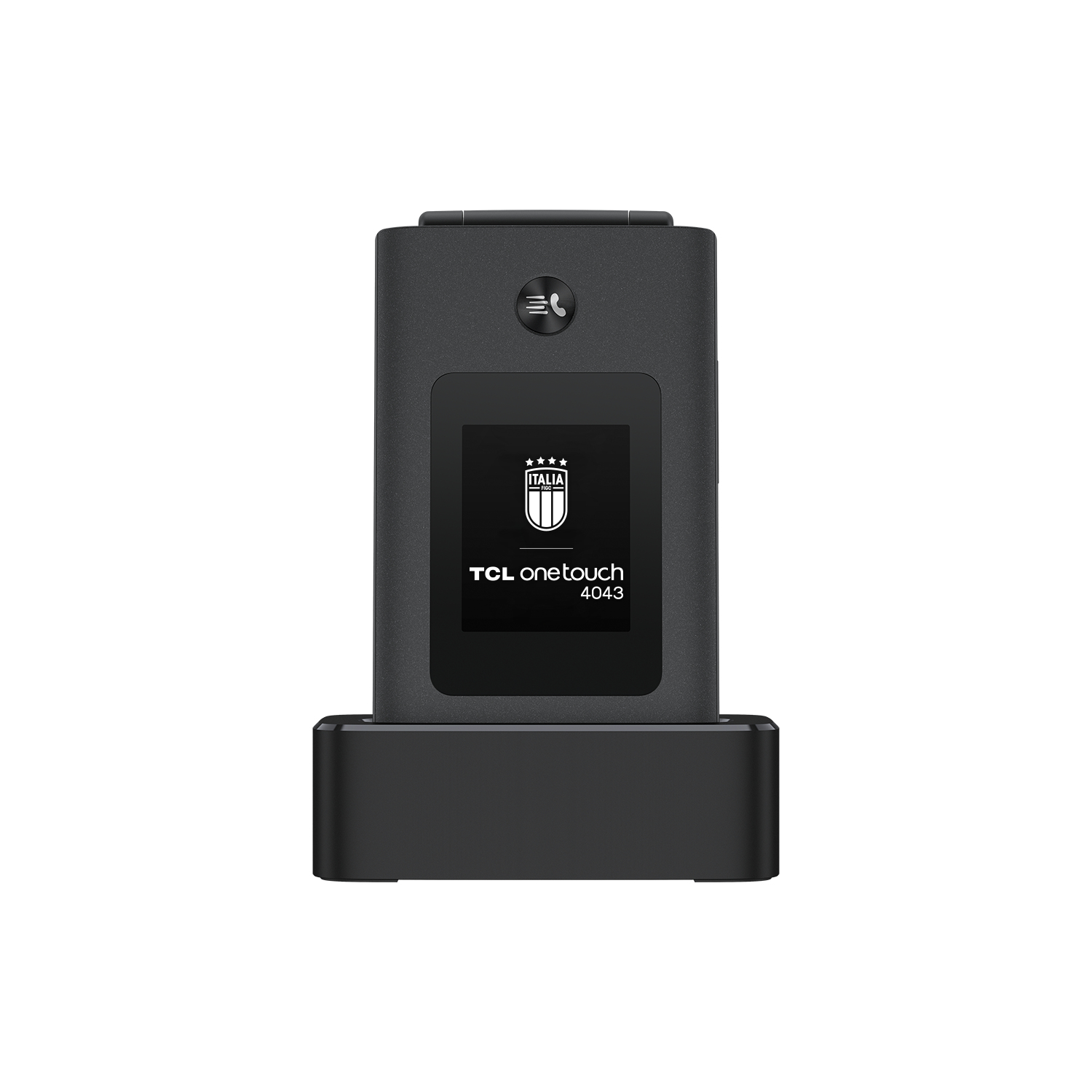 Czarny telefon TCL onetouch 4043 na czarnej stacji ładującej. Ekran wyświetla herb i tekst.