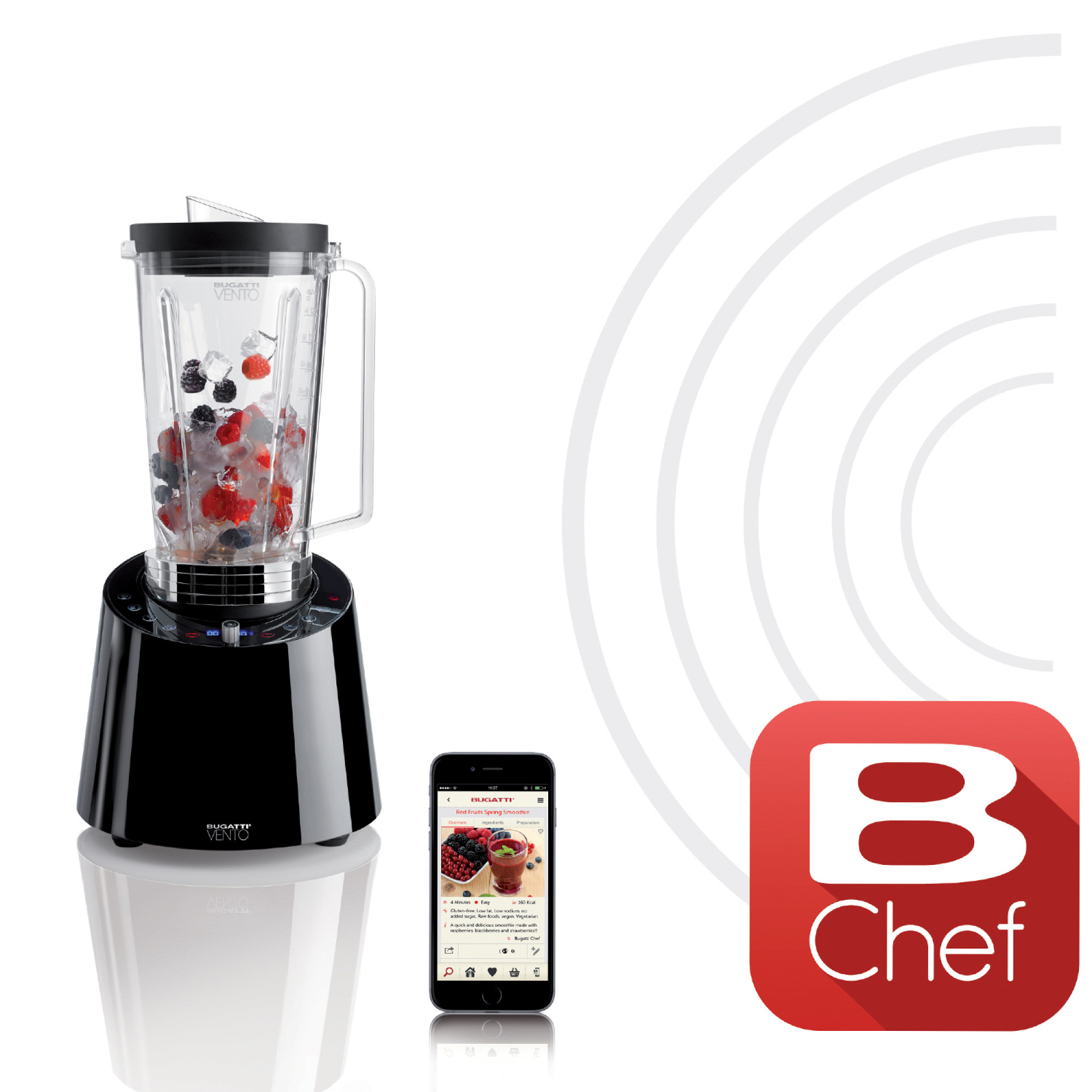 Un frullatore nero con un barattolo di vetro pieno di bacche e ghiaccio, accanto a un telefono con un'interfaccia app.