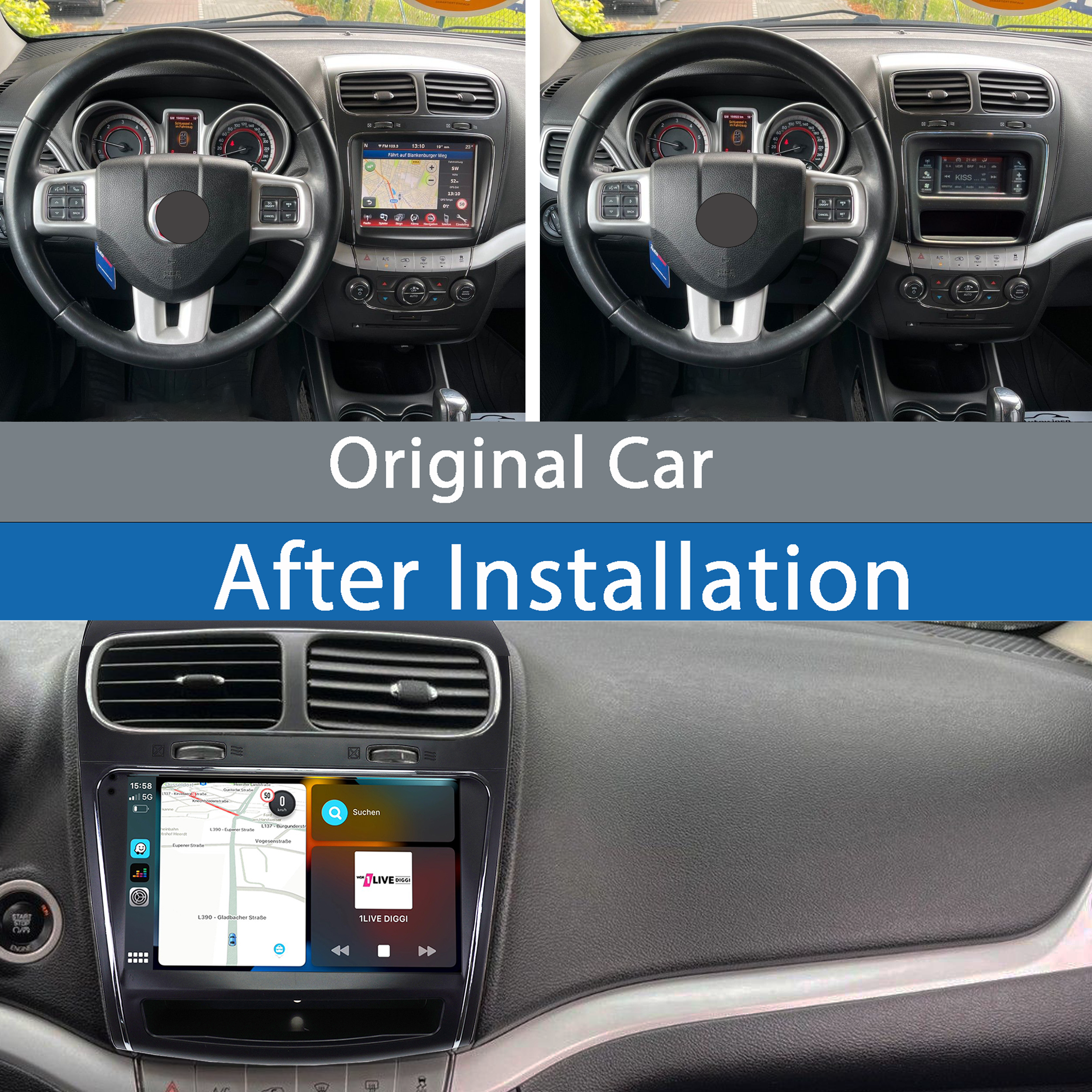 Vergleich des Armaturenbretts: original vs. nach der Installation eines neuen Infotainmentsystems.