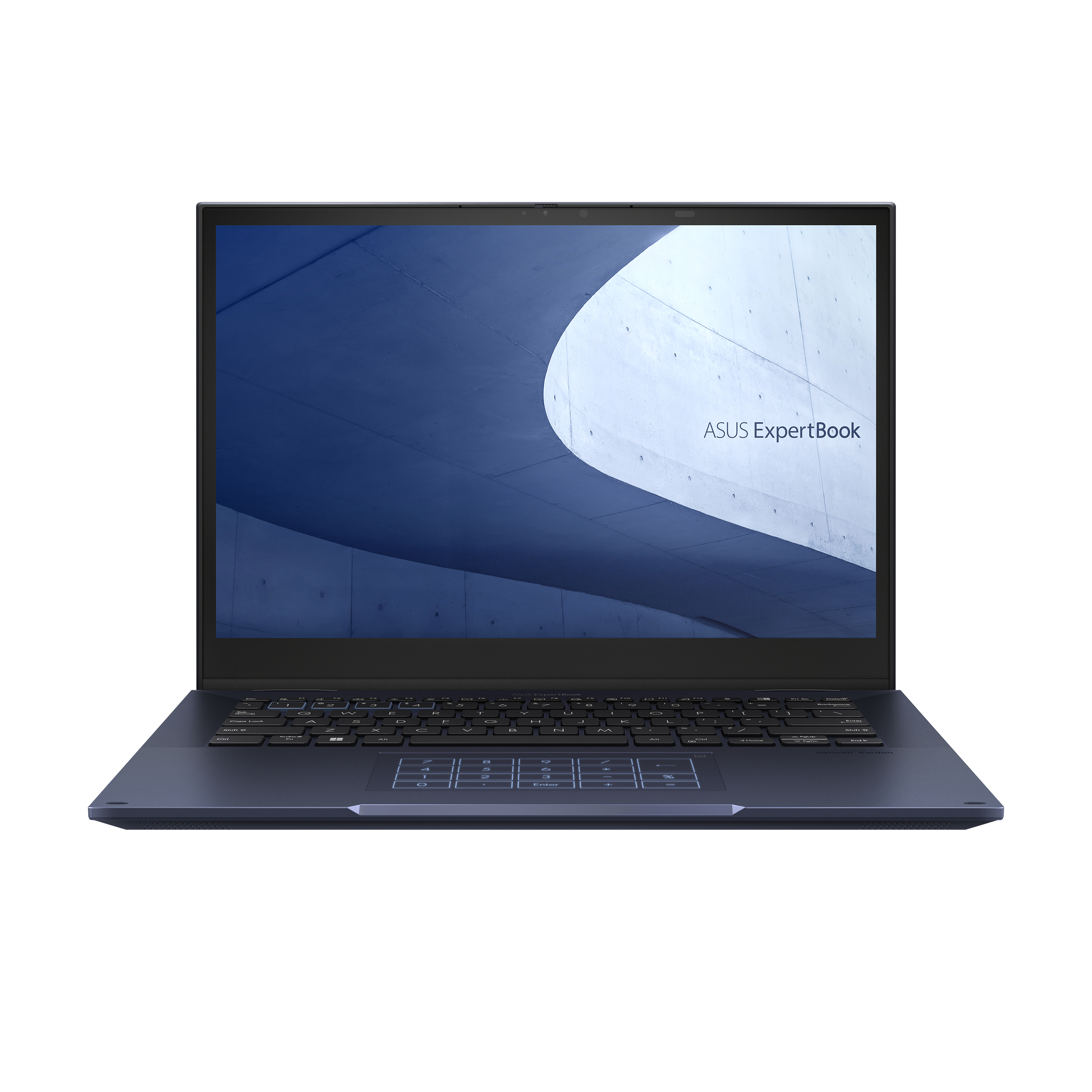 Un laptop blu con coperchio aperto. Lo schermo è nero e la tastiera è visibile. ASUS ExpertBook.