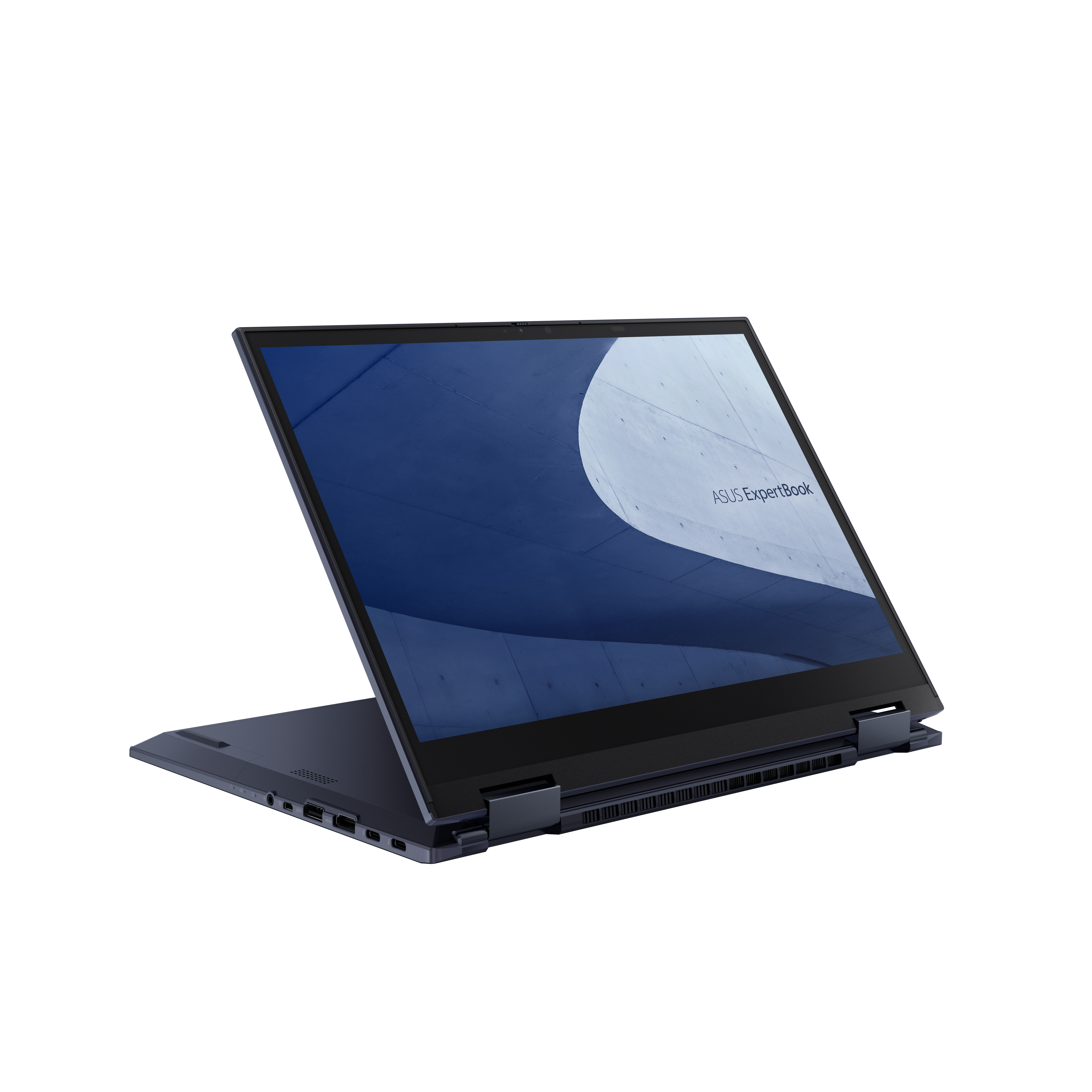 Un laptop blu scuro con schermo aperto, che mostra un logo bianco su sfondo blu. Il laptop è aperto.