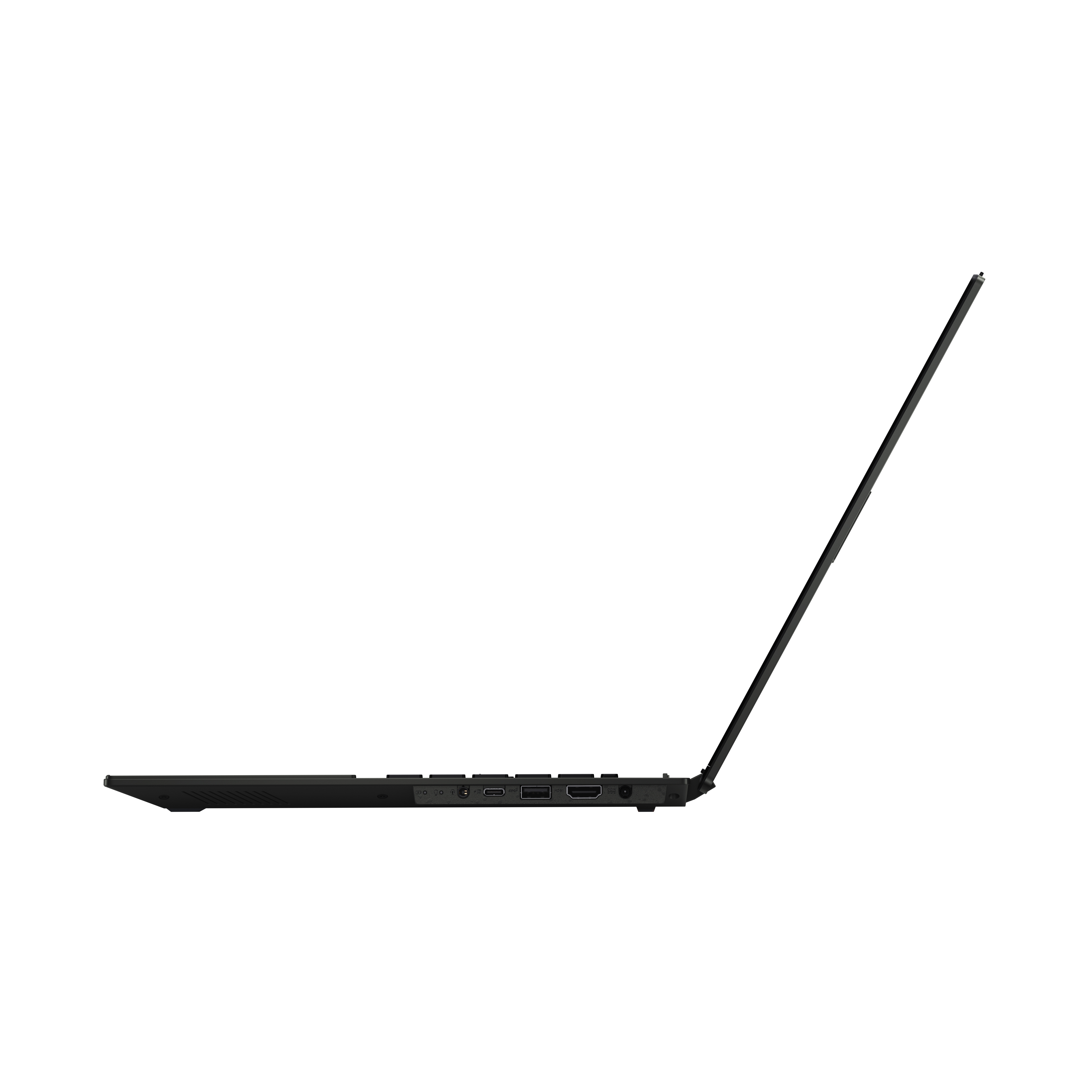 Un laptop nero in vista di profilo, che mostra il lato con le porte e lo schermo aperto.