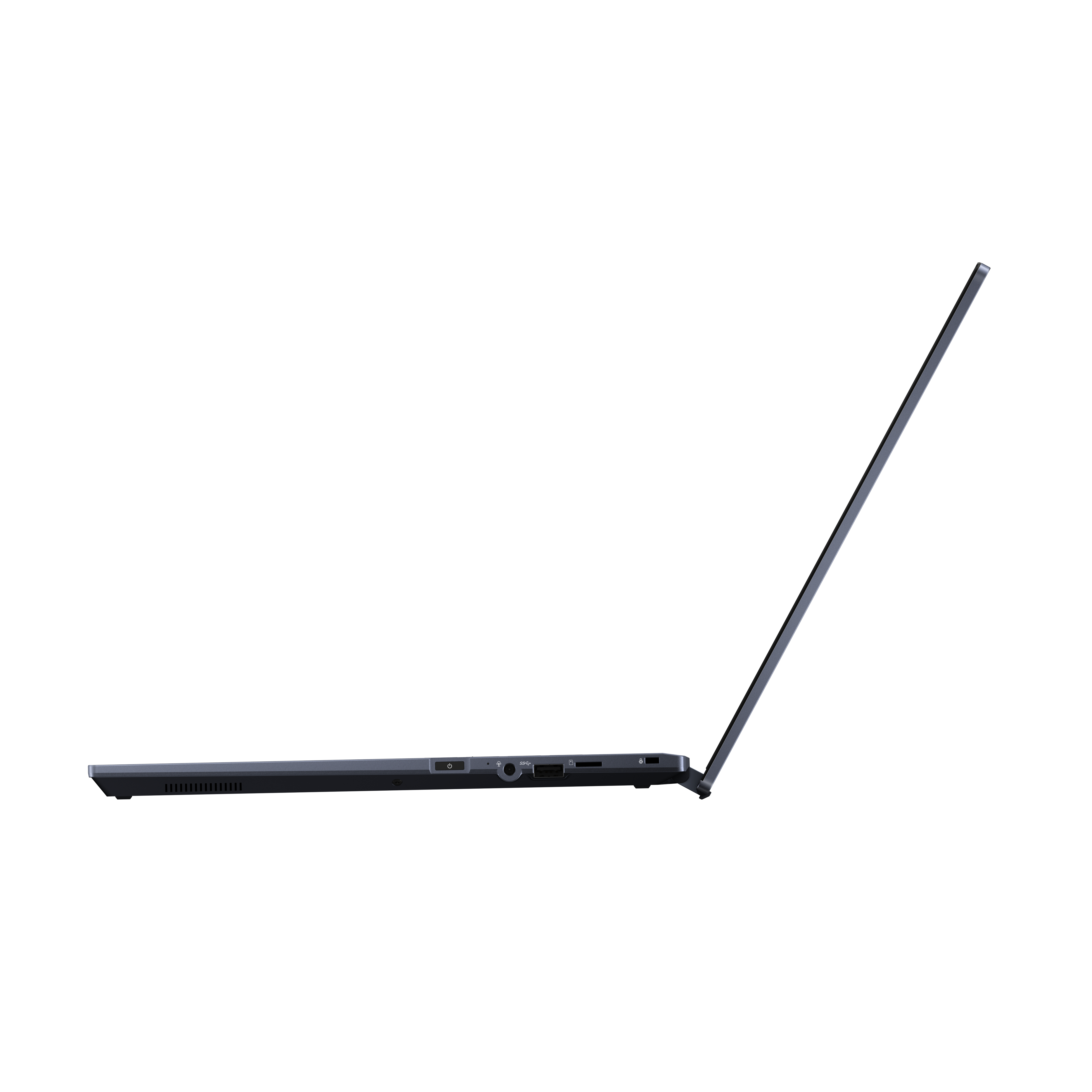 Vista laterale di un laptop, parzialmente aperto, con porte e prese d'aria.