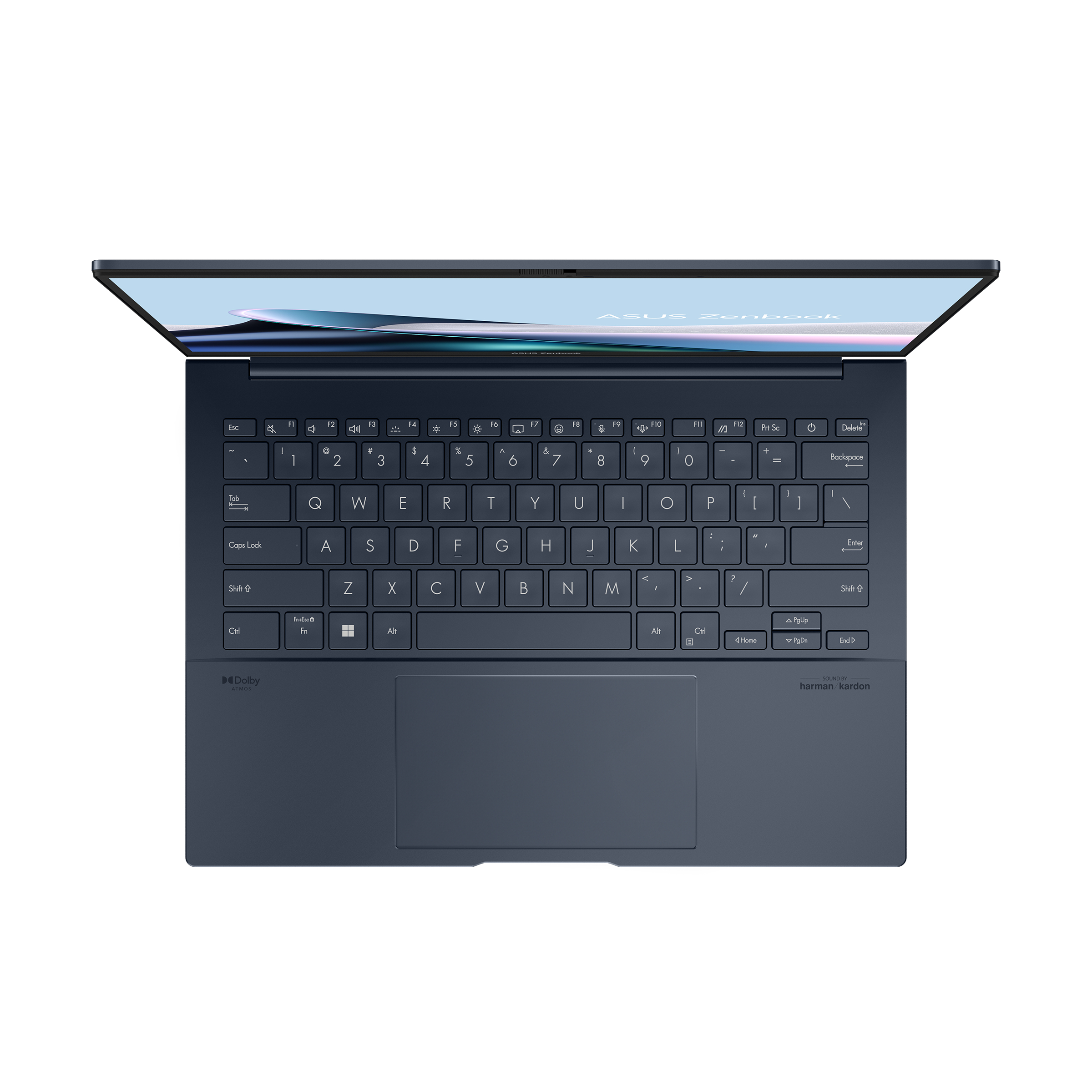 Laptop blu, aperto, con tastiera e schermo visibili. Lo schermo mostra un'immagine chiara.