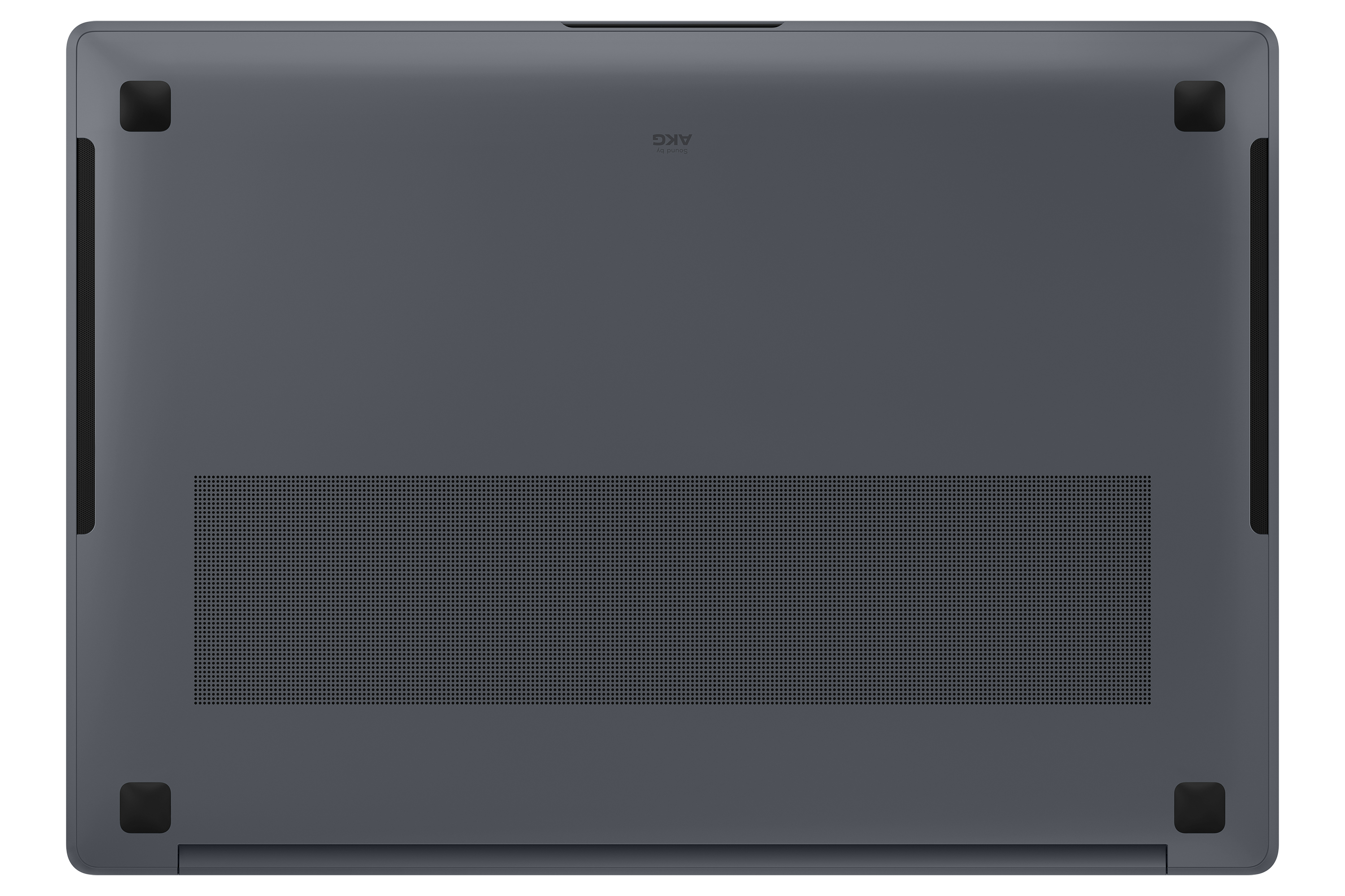 Spód ciemnoszarego laptopa z czterema czarnymi nóżkami i perforowanym obszarem.