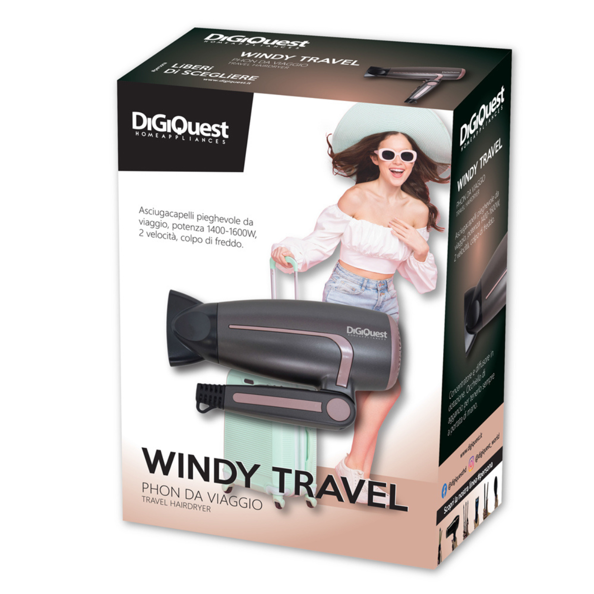 Caja secador con mujer, maleta. Texto: Windy Travel, Phon da viaggio. Colores negro, gris, blanco.