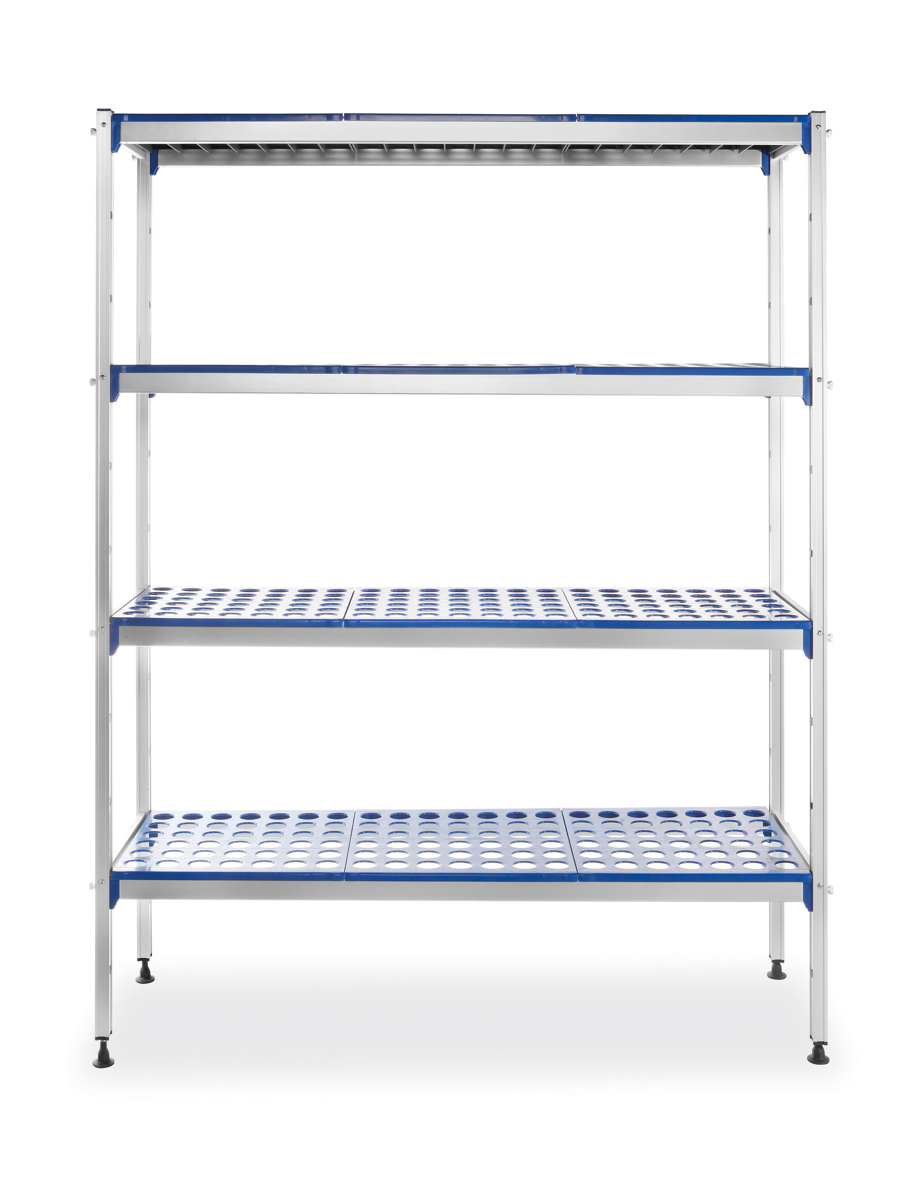 Scaffalatura metallica con quattro ripiani. Accenti blu sui bordi. Sfondo bianco.