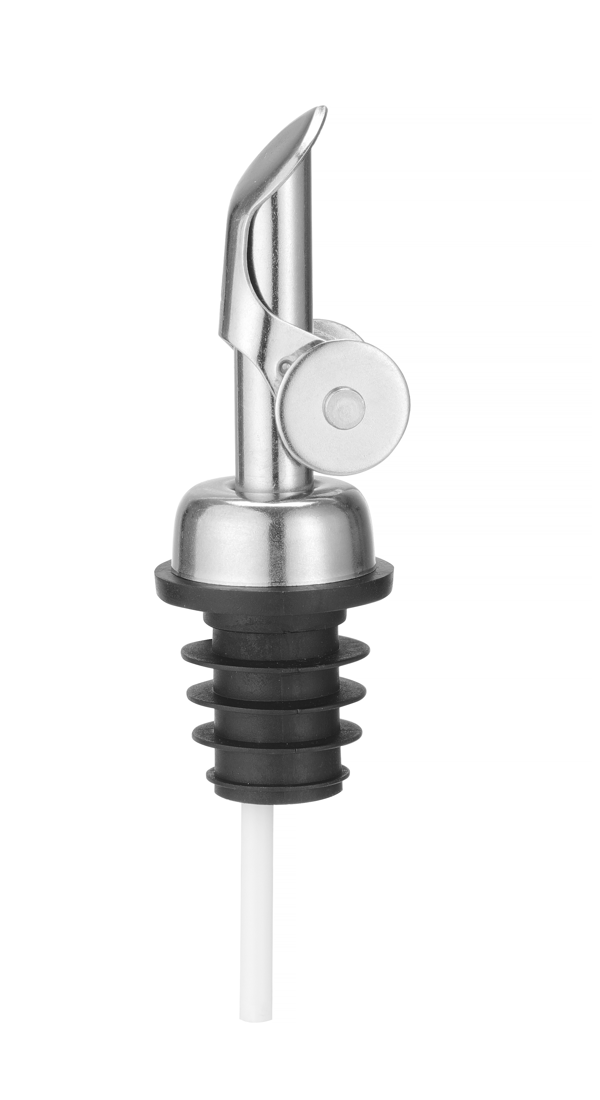 Versatore per bottiglie in acciaio inox con guarnizione in gomma nera e tubo in plastica bianca, su bianco.