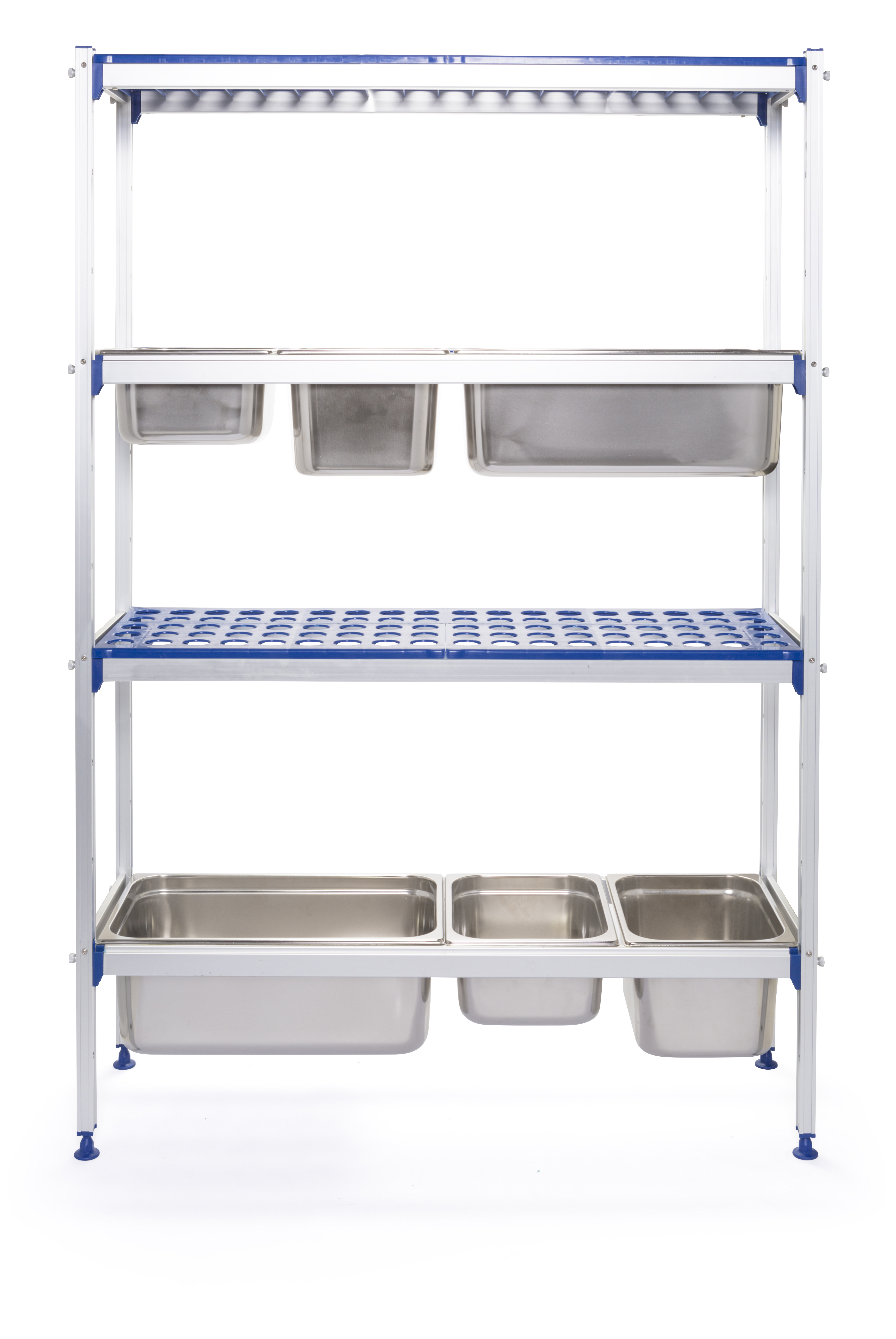 Scaffalatura con più contenitori in acciaio inossidabile.