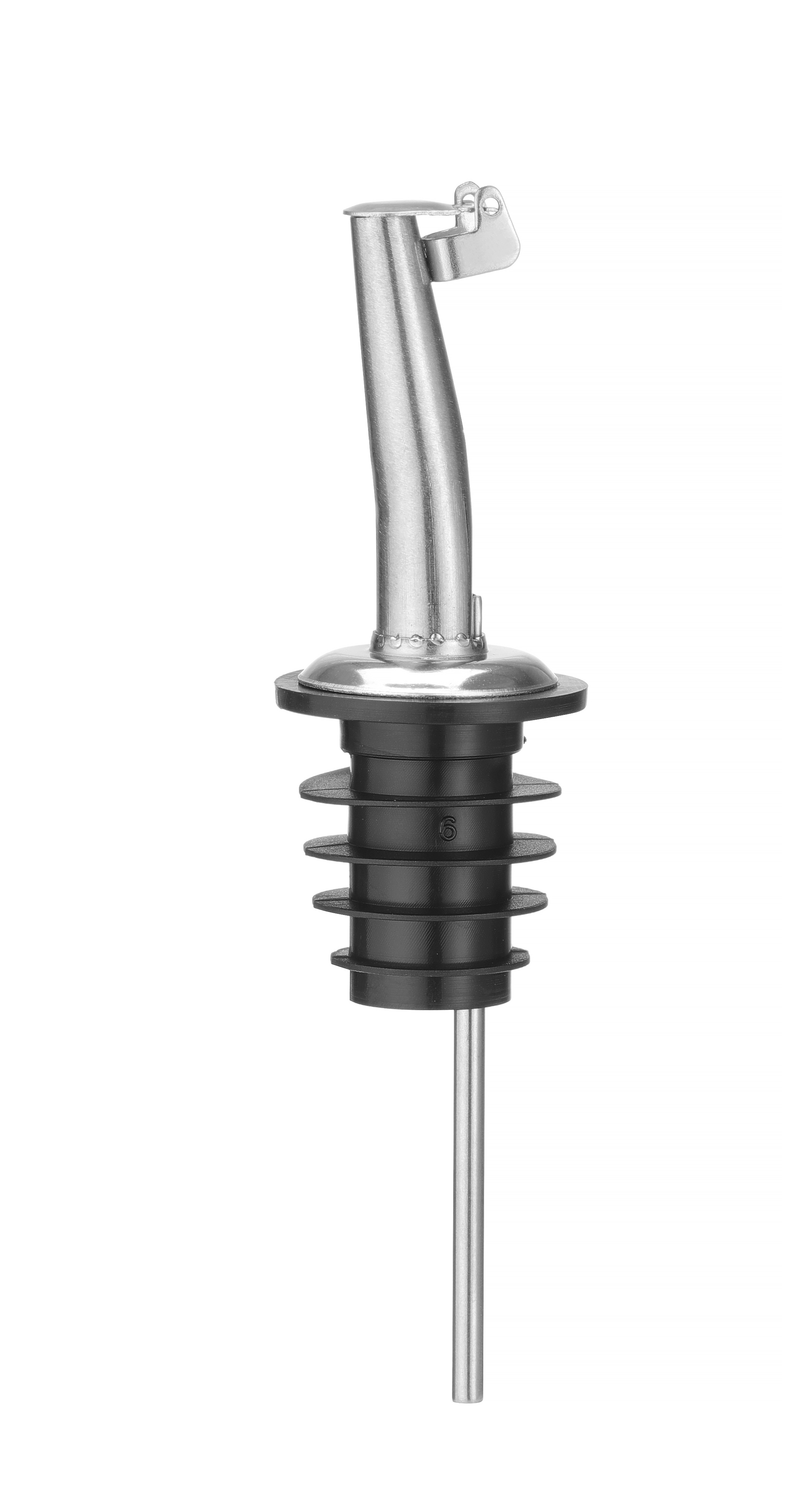 Versatore per bottiglie in acciaio inox con tubo lungo, guarnizioni in gomma nera, isolato su sfondo bianco.