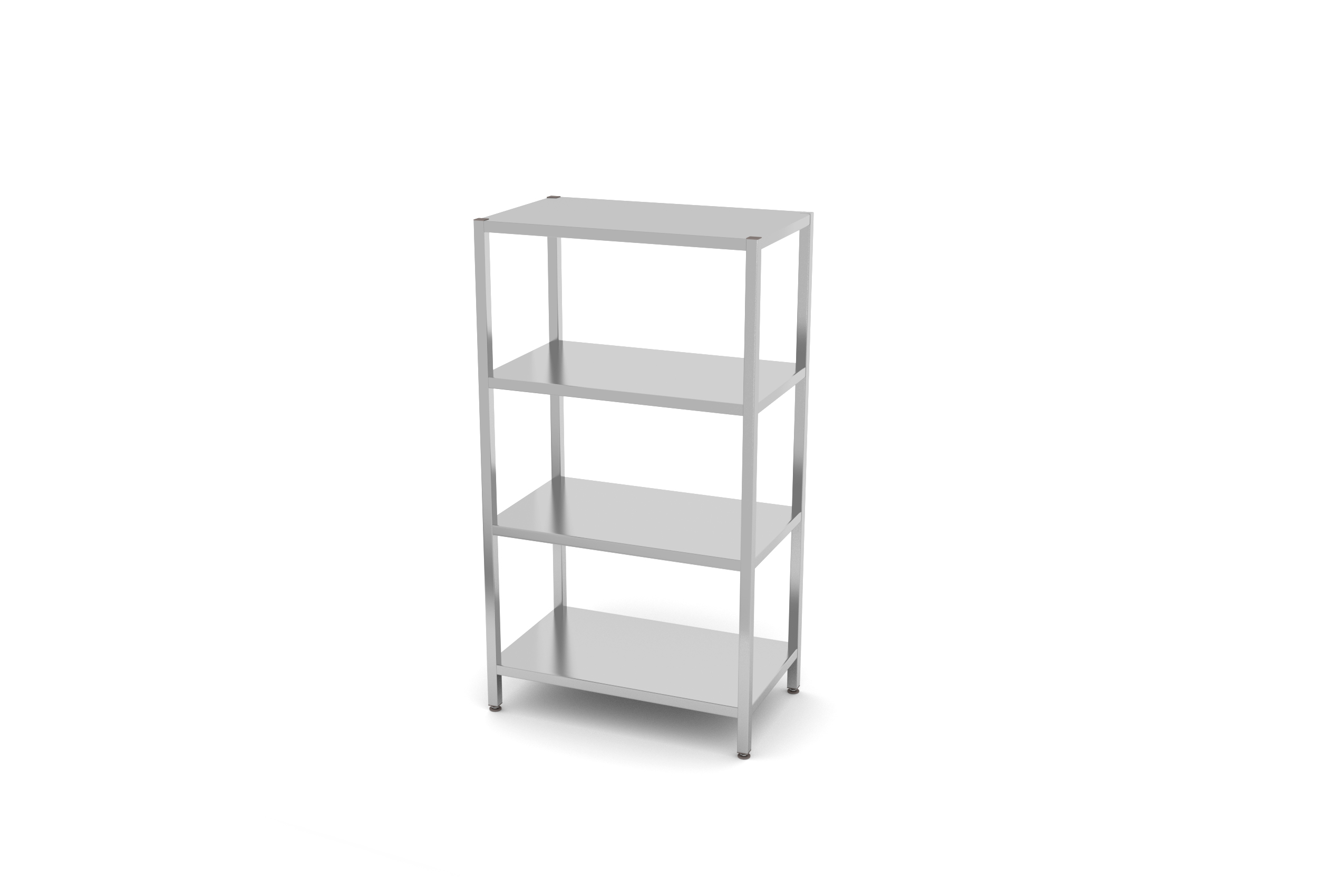 Scaffalatura in acciaio inossidabile con quattro ripiani. I ripiani sono rettangolari e lo sfondo è bianco.
