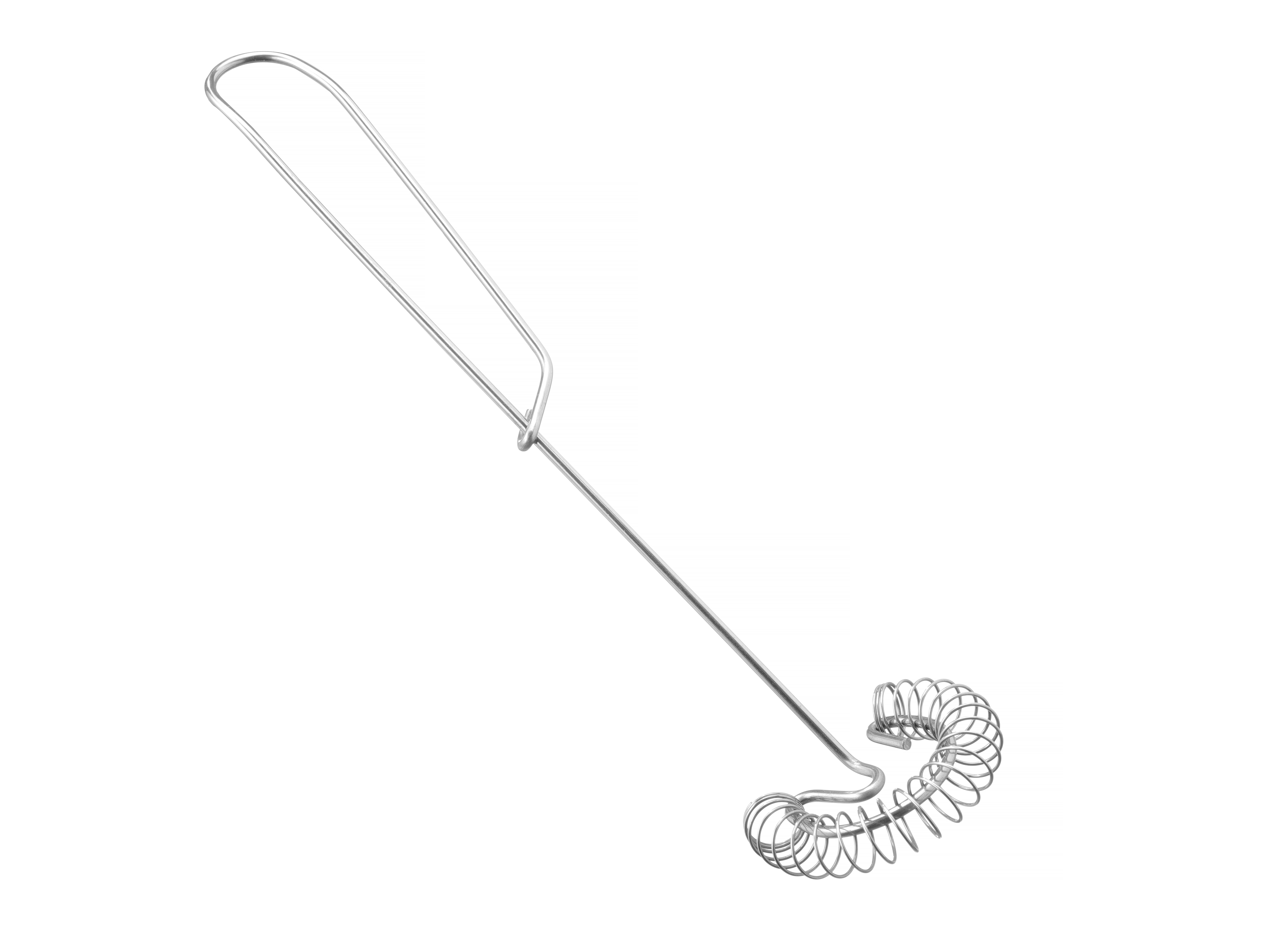 Frusta a filo con manico ad anello e estremità a spirale, su sfondo bianco.