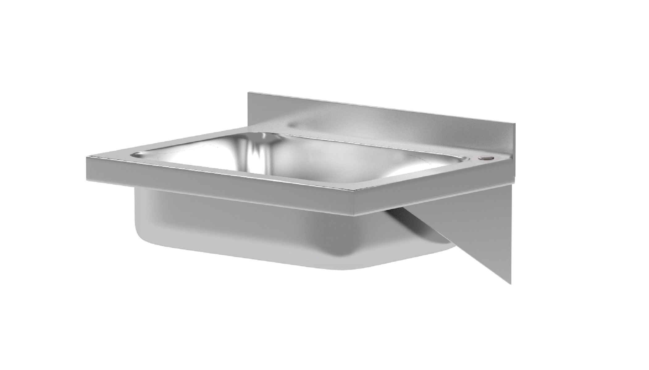 Lavello in acciaio inossidabile fissato a una parete bianca. Design semplice e moderno. Sfondo bianco.