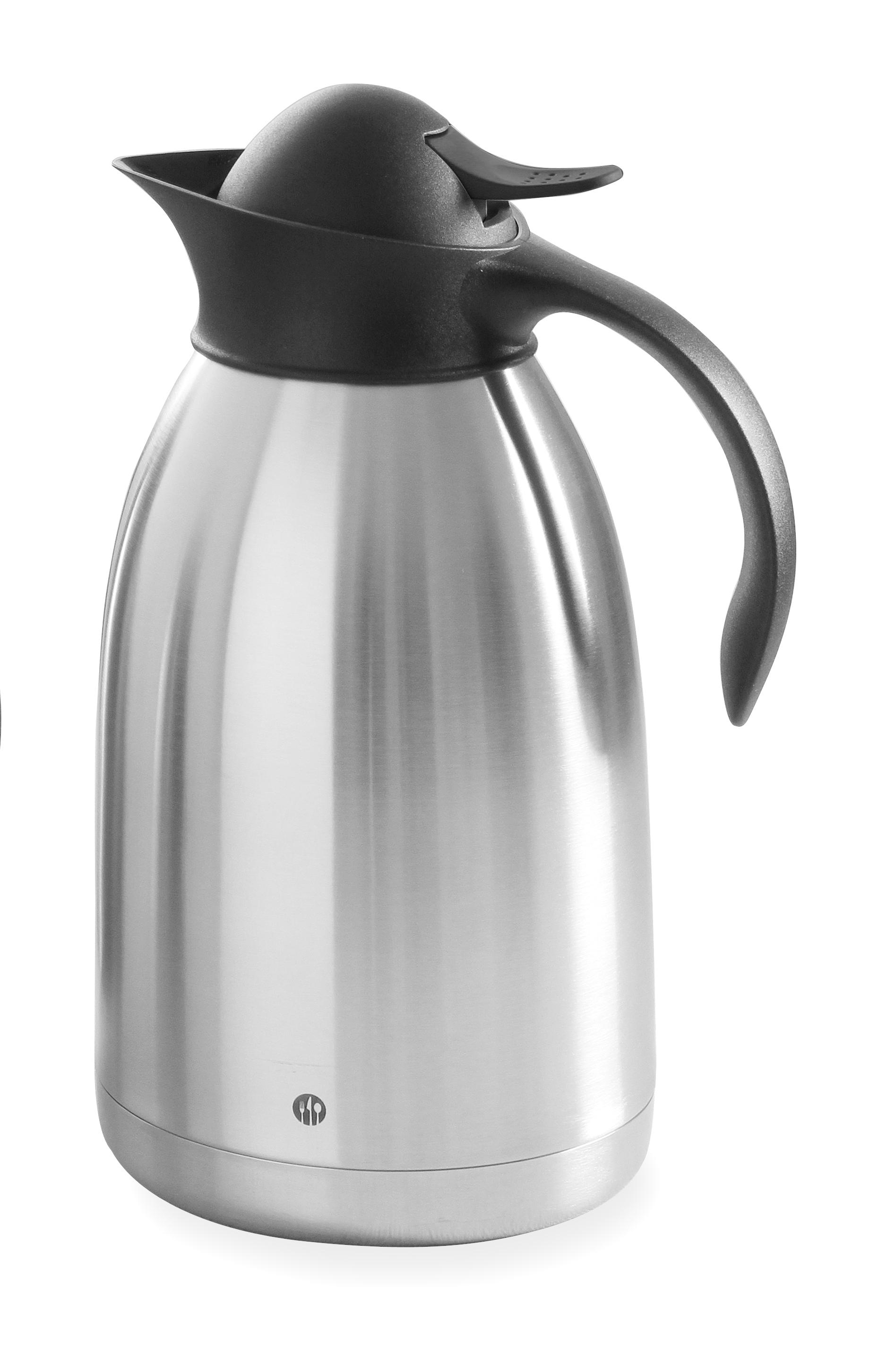 Un thermos in acciaio inossidabile con coperchio e manico neri su bianco.