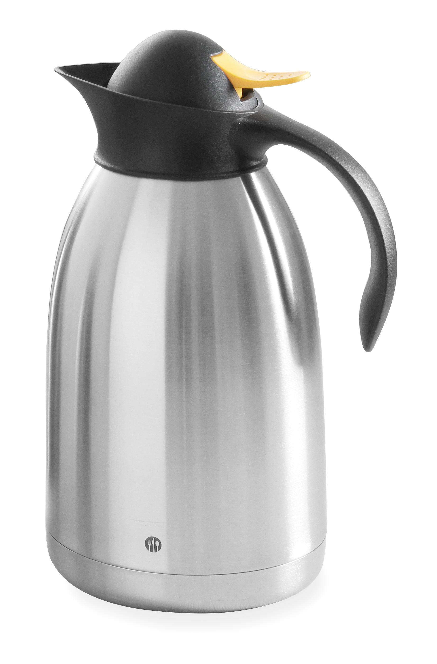 Un thermos in acciaio inossidabile con coperchio nero e leva gialla.