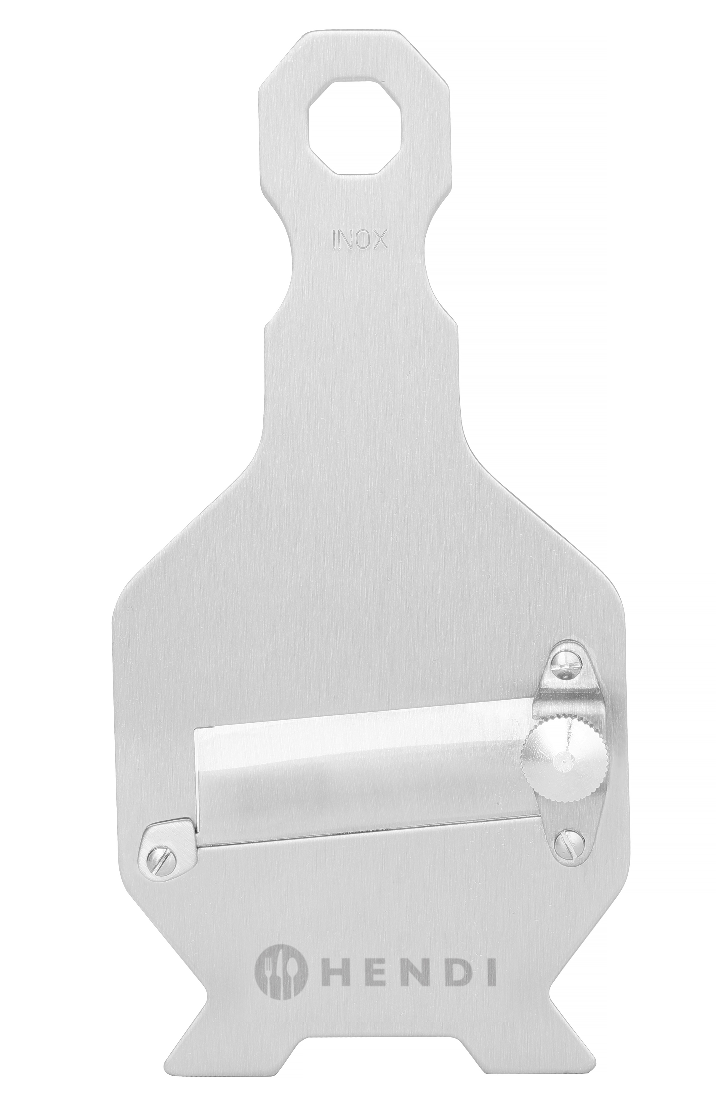 Tagliacase in acciaio inox con lama e manico, la parola INOX in alto. Isolato su bianco.