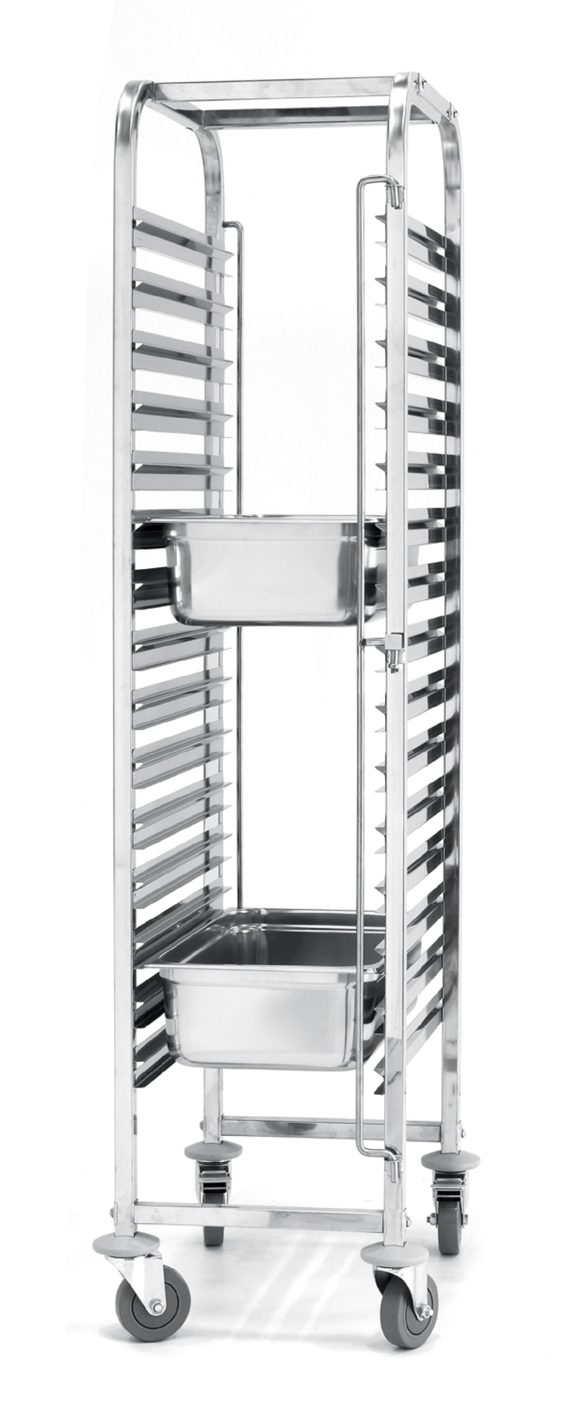 Un rack per il servizio di cibi in acciaio inossidabile con due vassoi.