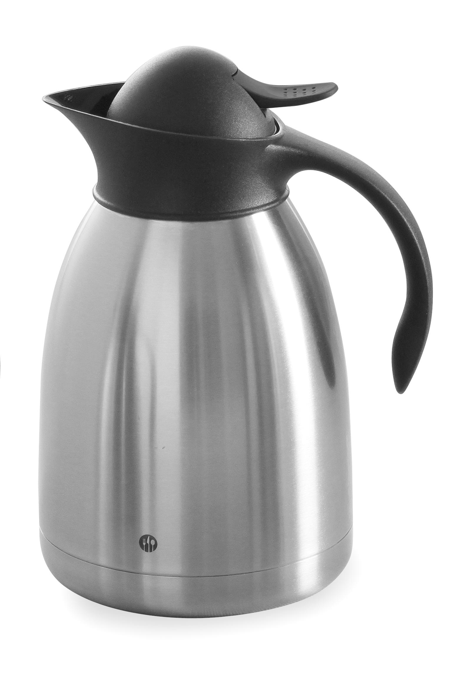 Thermos isolante, argento, con coperchio e manico neri, su sfondo bianco. Il manico è curvo.