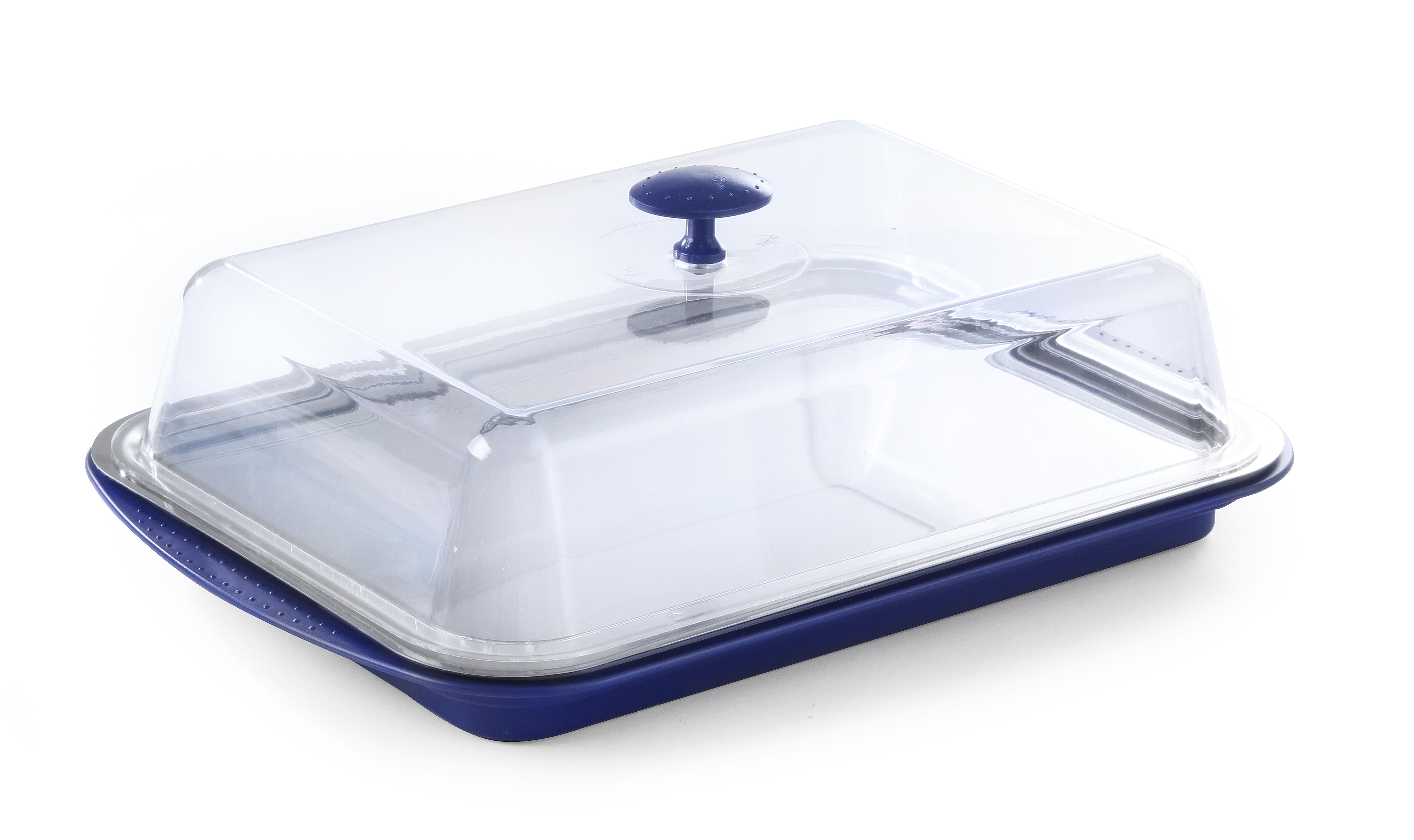 Un contenitore per alimenti in plastica blu e trasparente con coperchio, isolato su sfondo bianco.