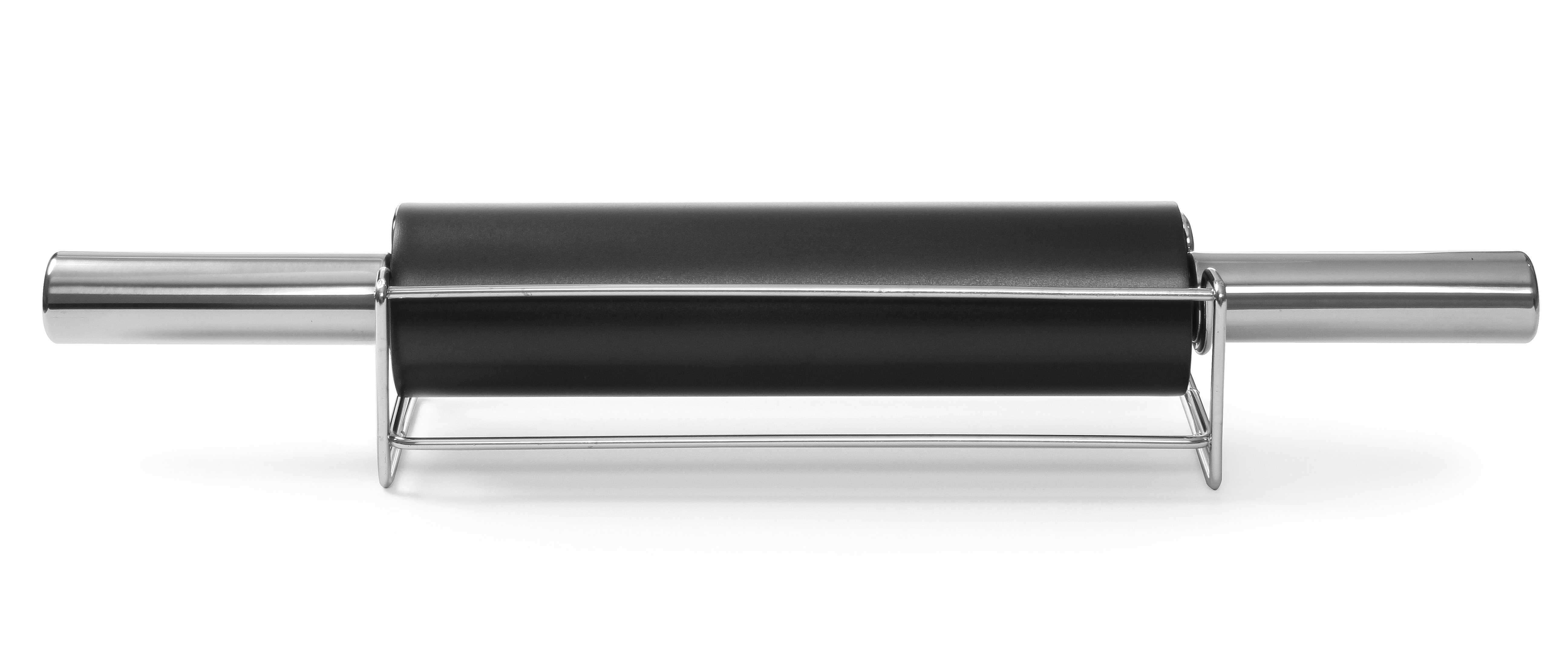 Mattarello nero con manico nero, sostenuto da un telaio in acciaio inox, su sfondo bianco.