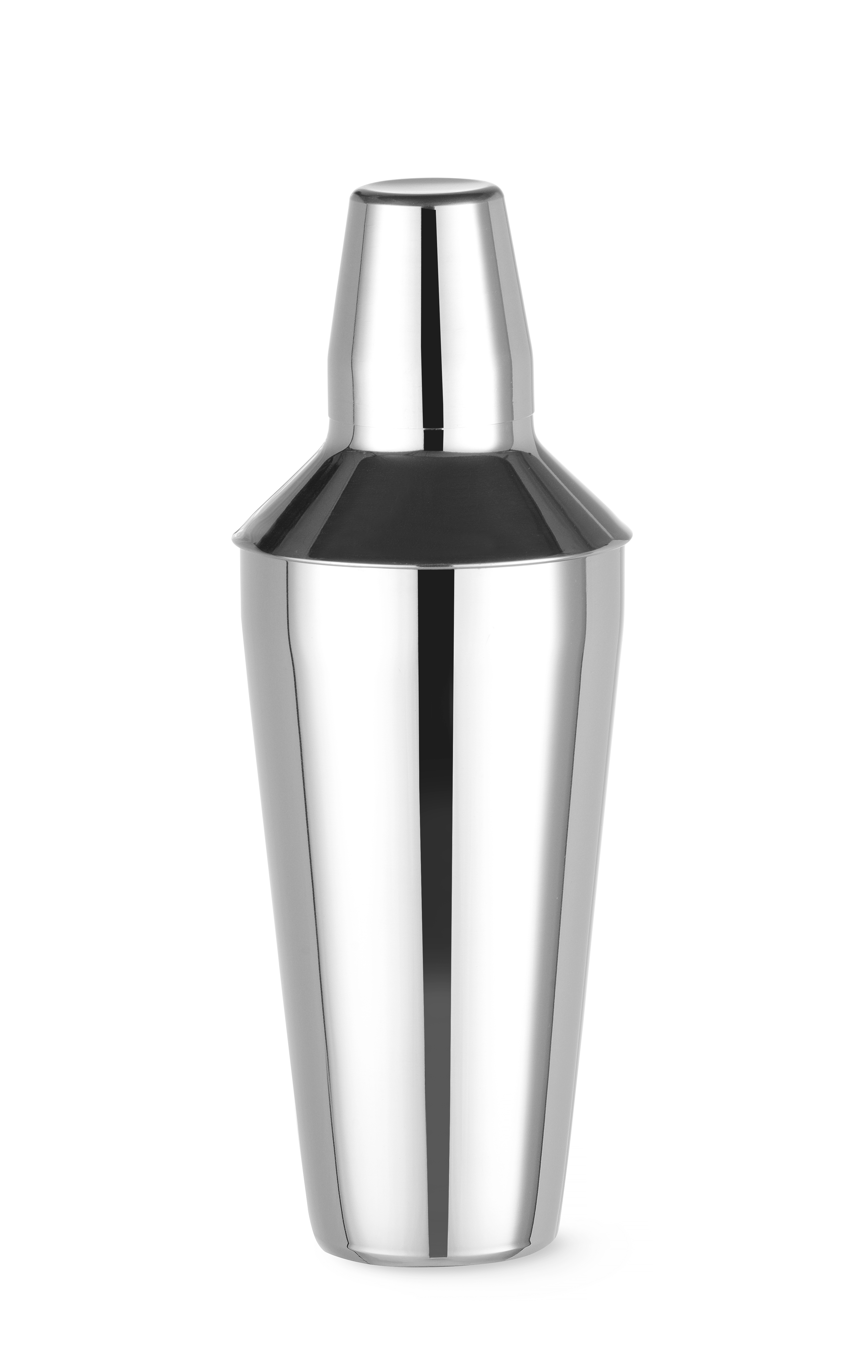 Shaker per cocktail argentato con parte superiore nera e base larga, su sfondo bianco.