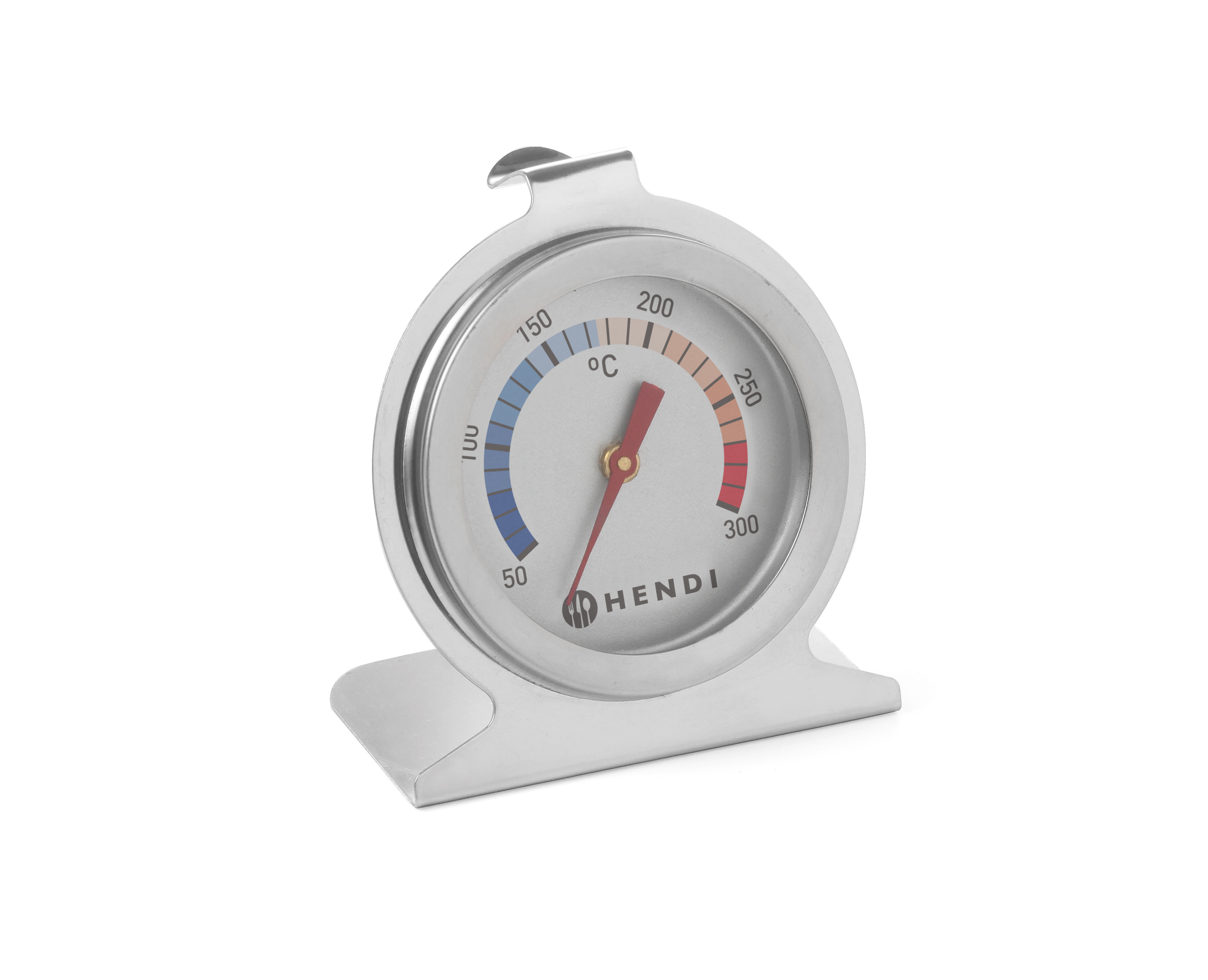 Un termometro circolare con ago rosso, che indica la temperatura. Ha un supporto argentato.