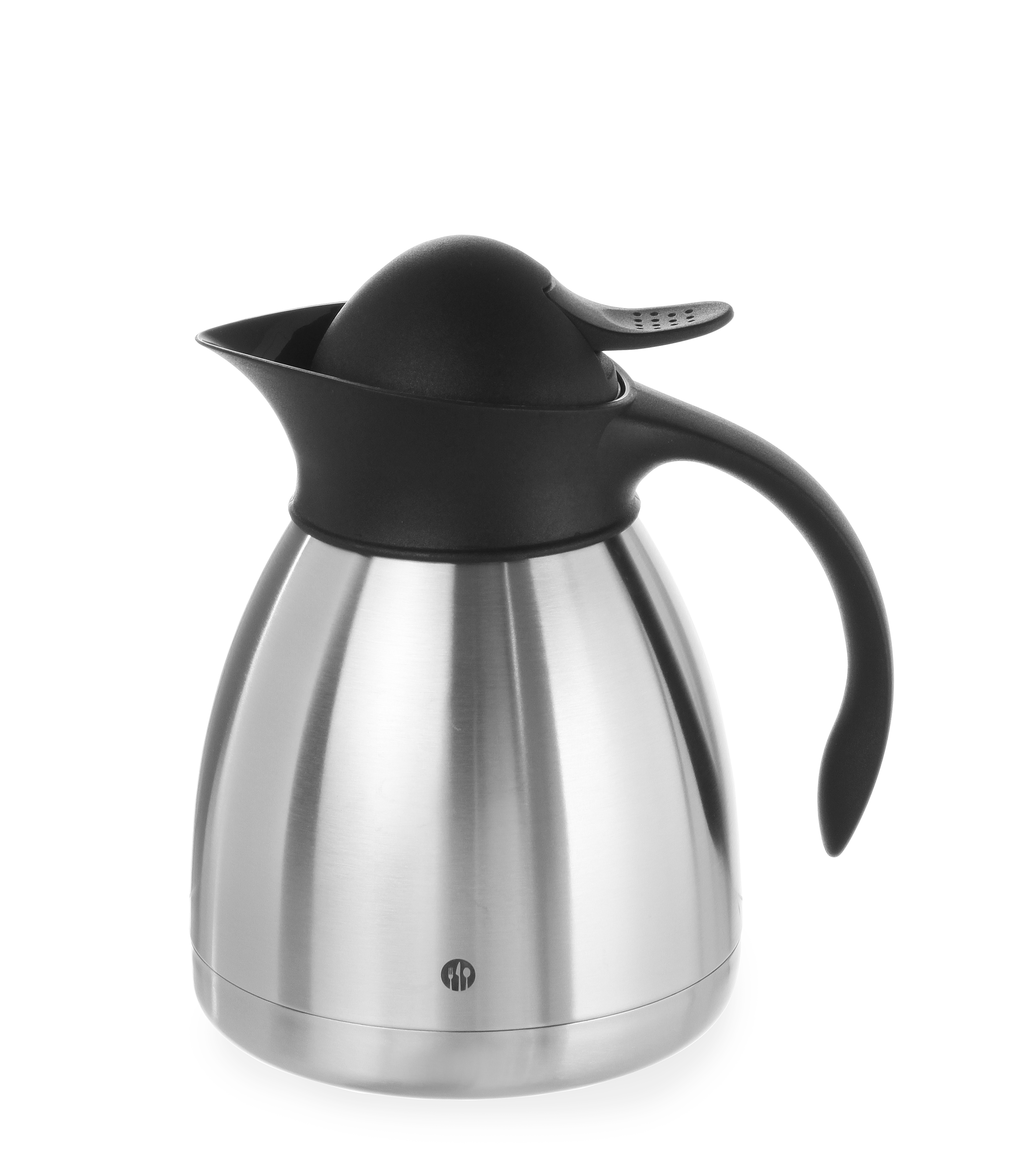 Brocca termica in acciaio inox con coperchio e manico neri, su sfondo bianco. È una brocca.