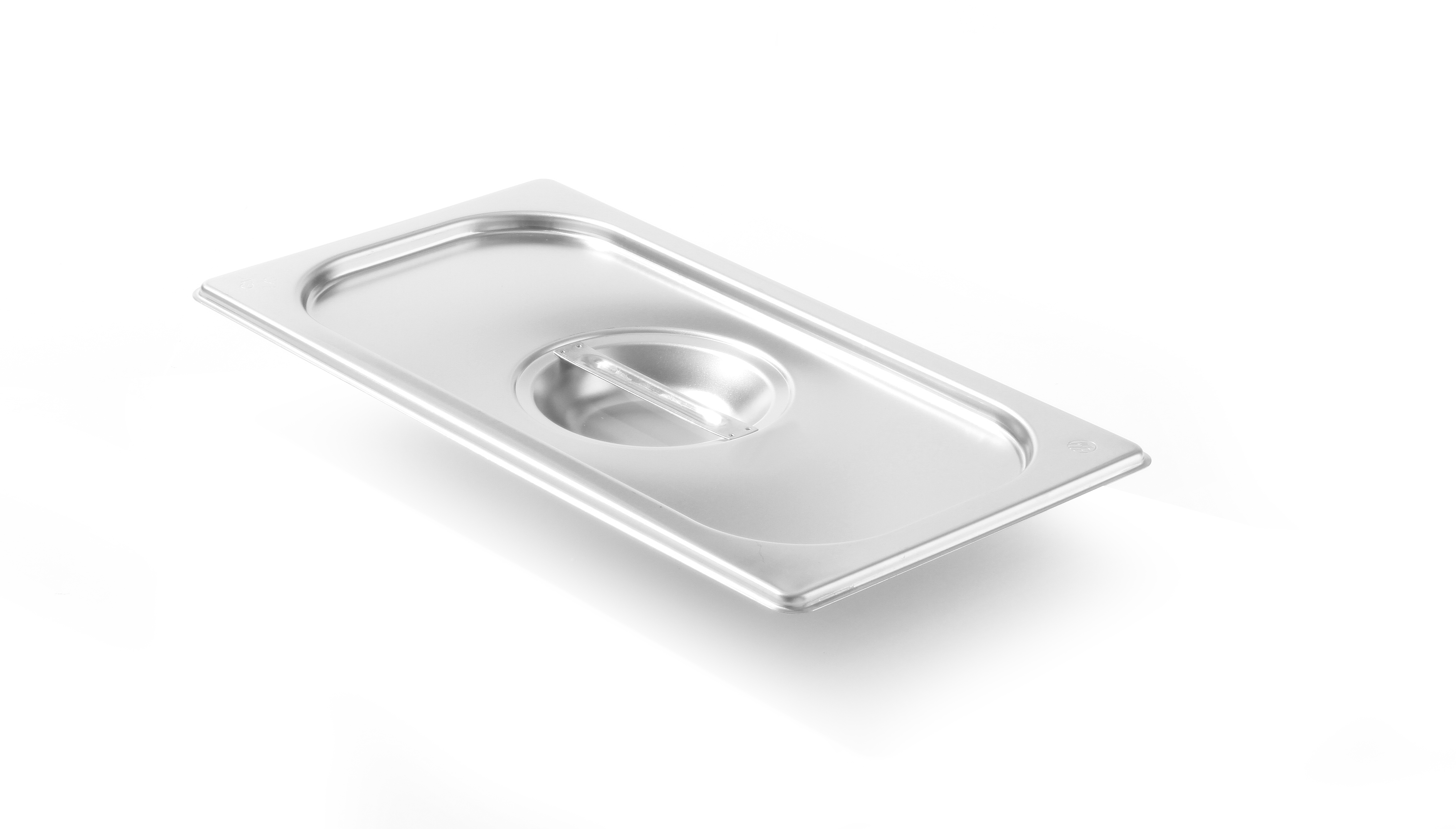 Contenitore alimentare rettangolare in acciaio inox con coperchio e maniglia incassata. Bianco.