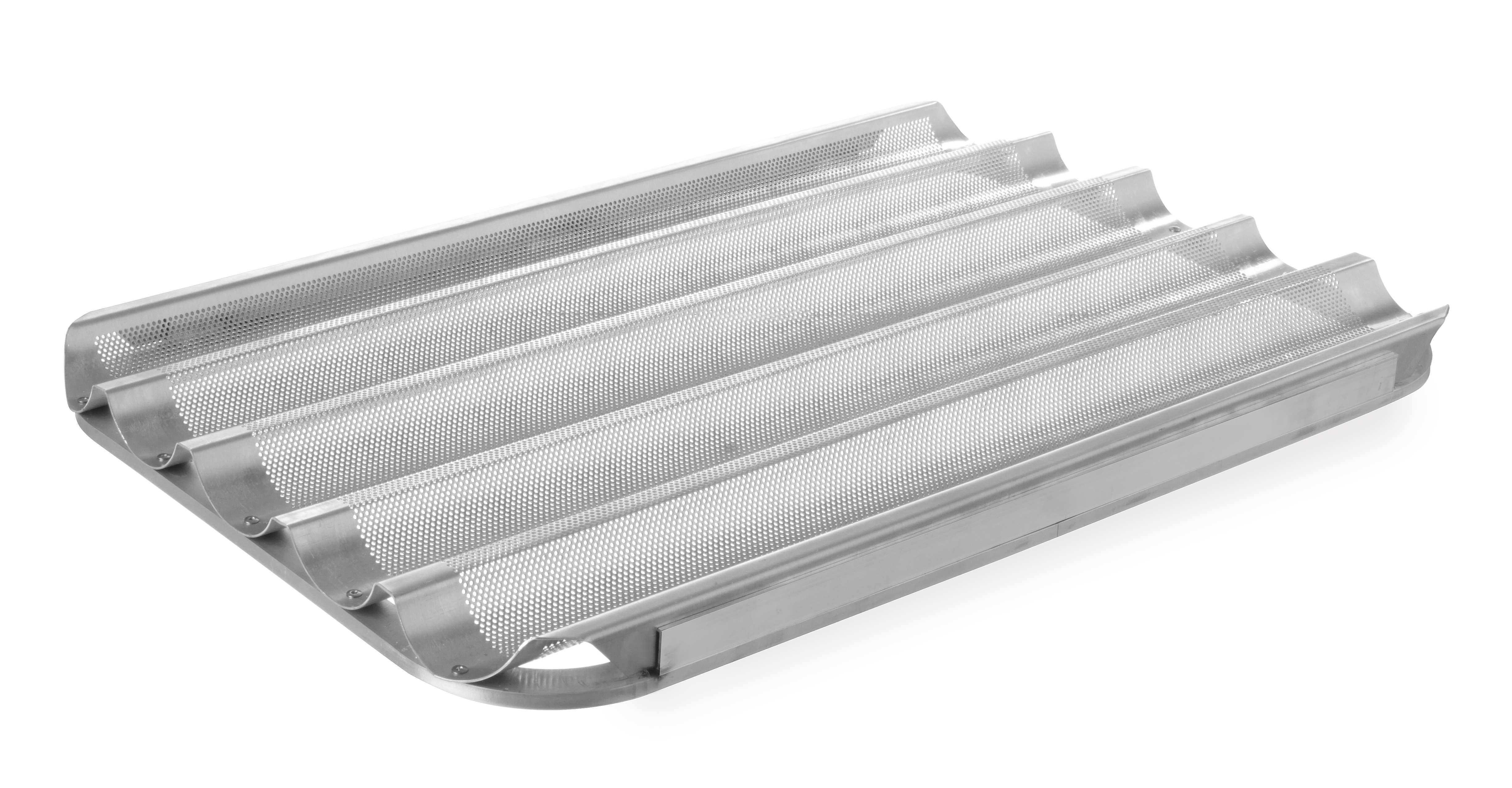 Una teglia forata per baguette, isolata su sfondo bianco. È di colore argento.