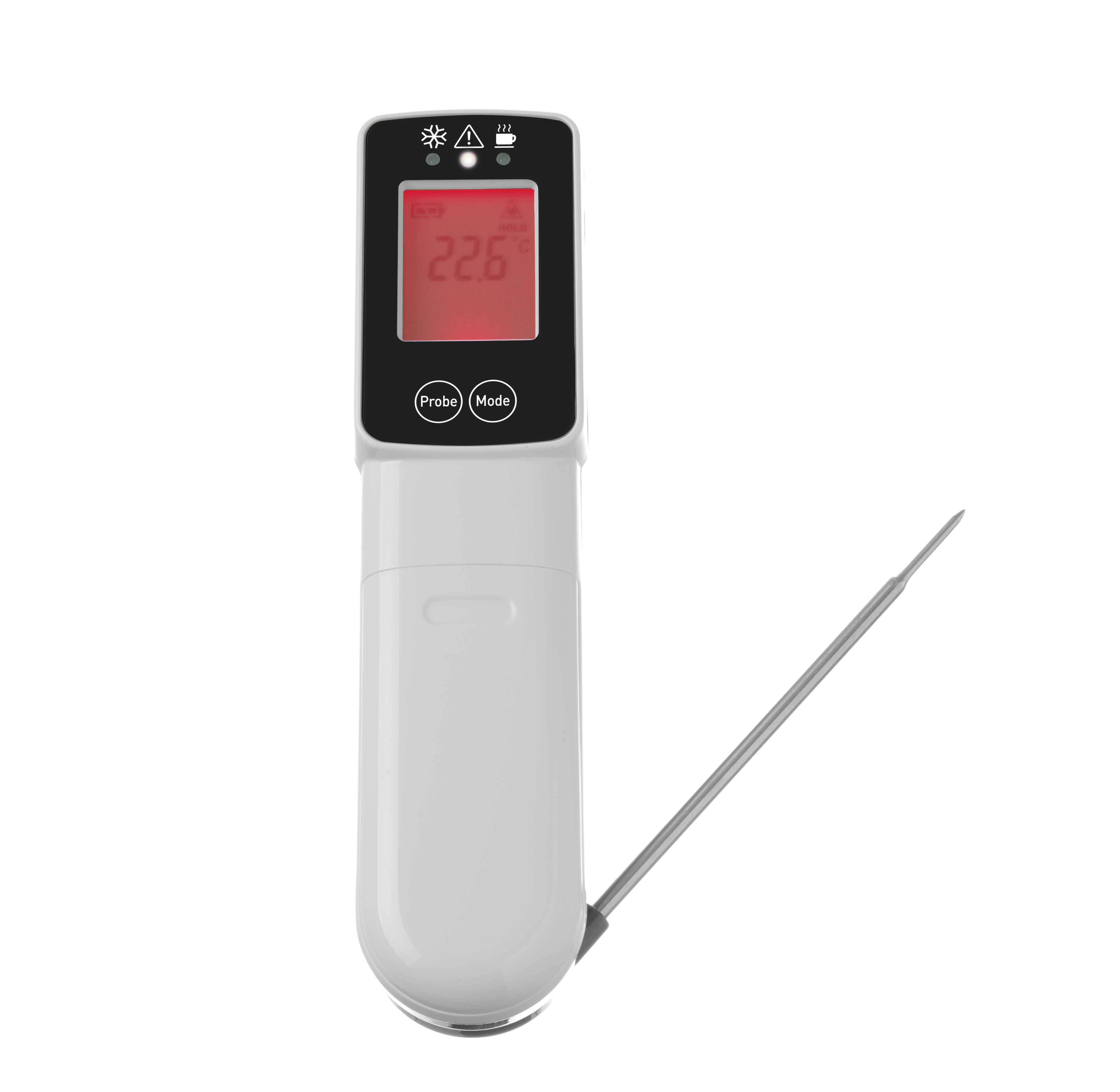 Termometro bianco con display digitale che mostra 22,6 e una sonda.