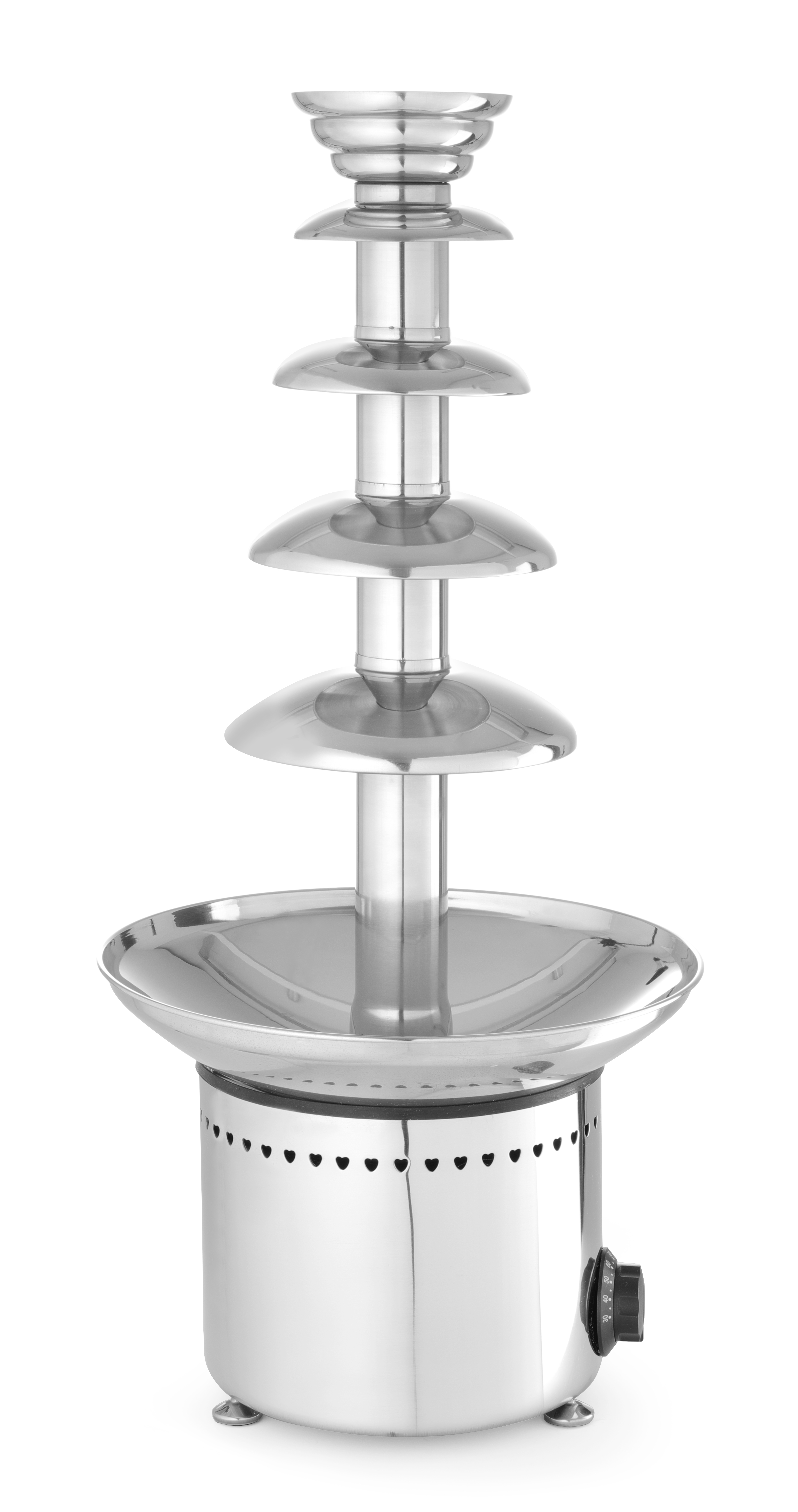 Fontana di cioccolato in acciaio inox con più livelli, isolata su sfondo bianco.