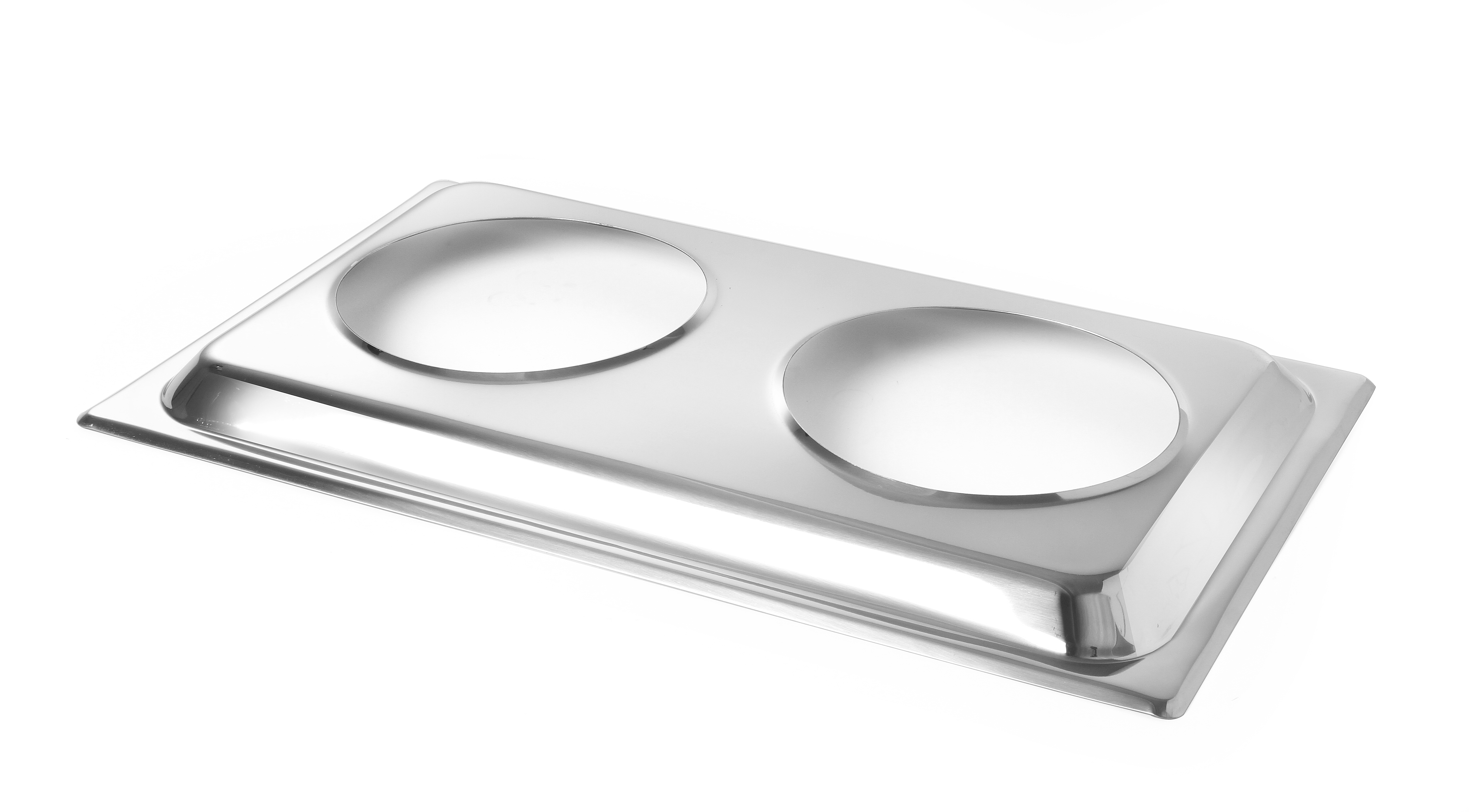 Vassoio rettangolare in acciaio inox con due fori circolari, su sfondo bianco.