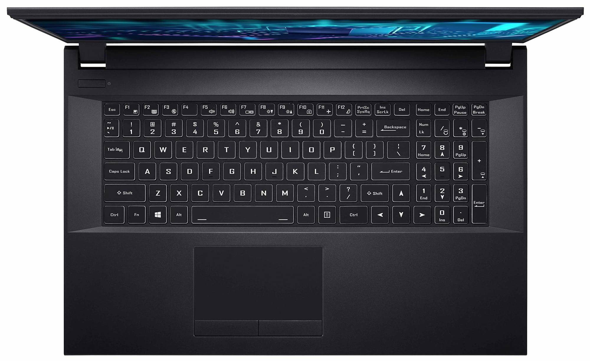 Czarna klawiatura laptopa, widok z góry, podświetlane klawisze. Ekran uniesiony.