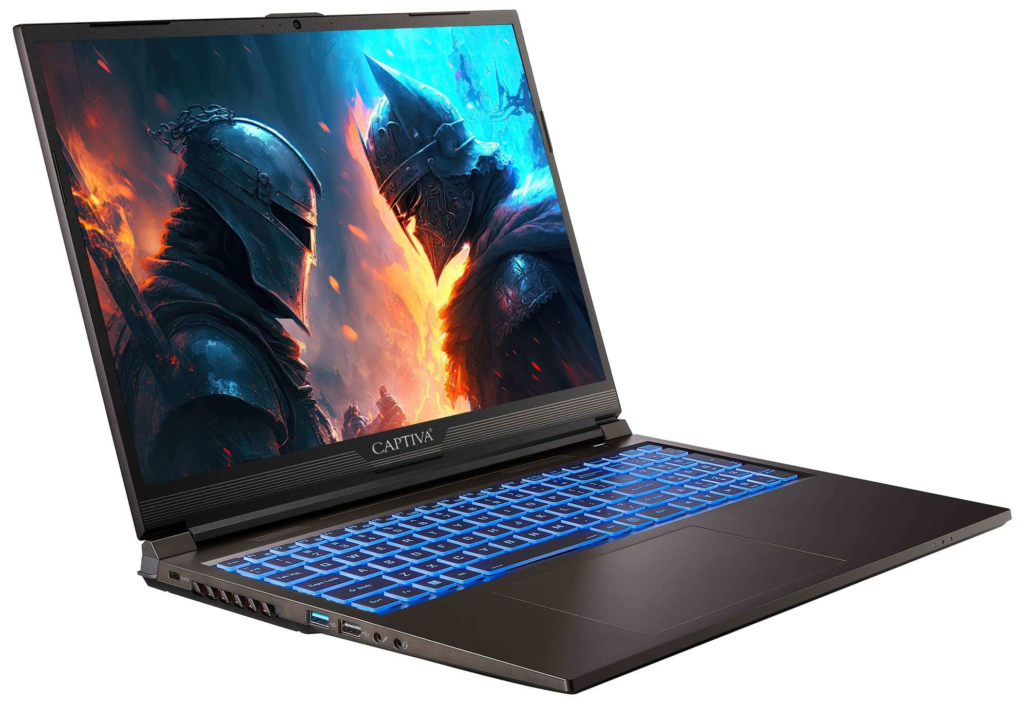 Laptop con scena di gioco sullo schermo. Tastiera illuminata di blu.