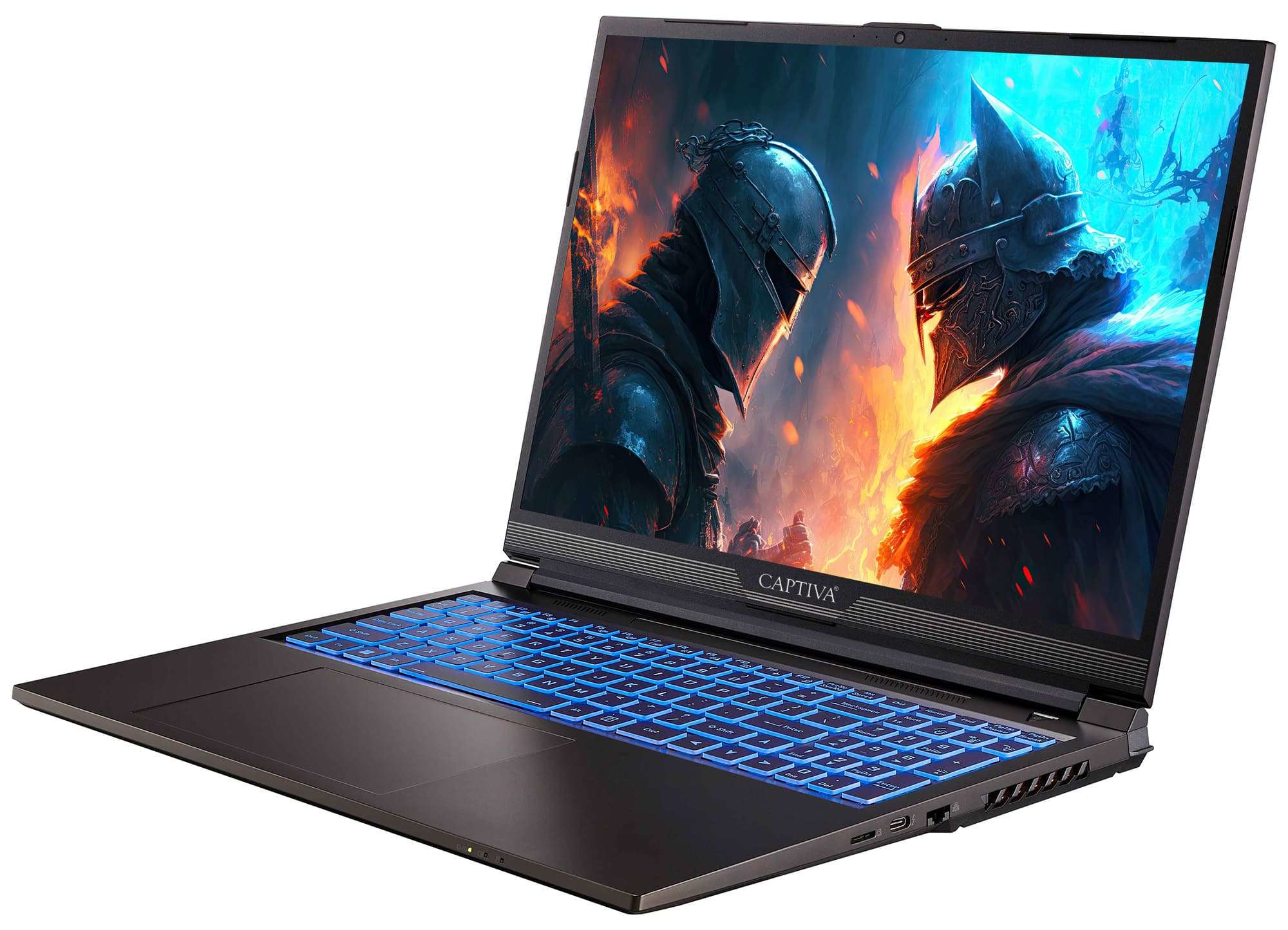 Laptop con tastiera blu illuminata. Lo schermo mostra una scena di battaglia. Sfondo bianco.