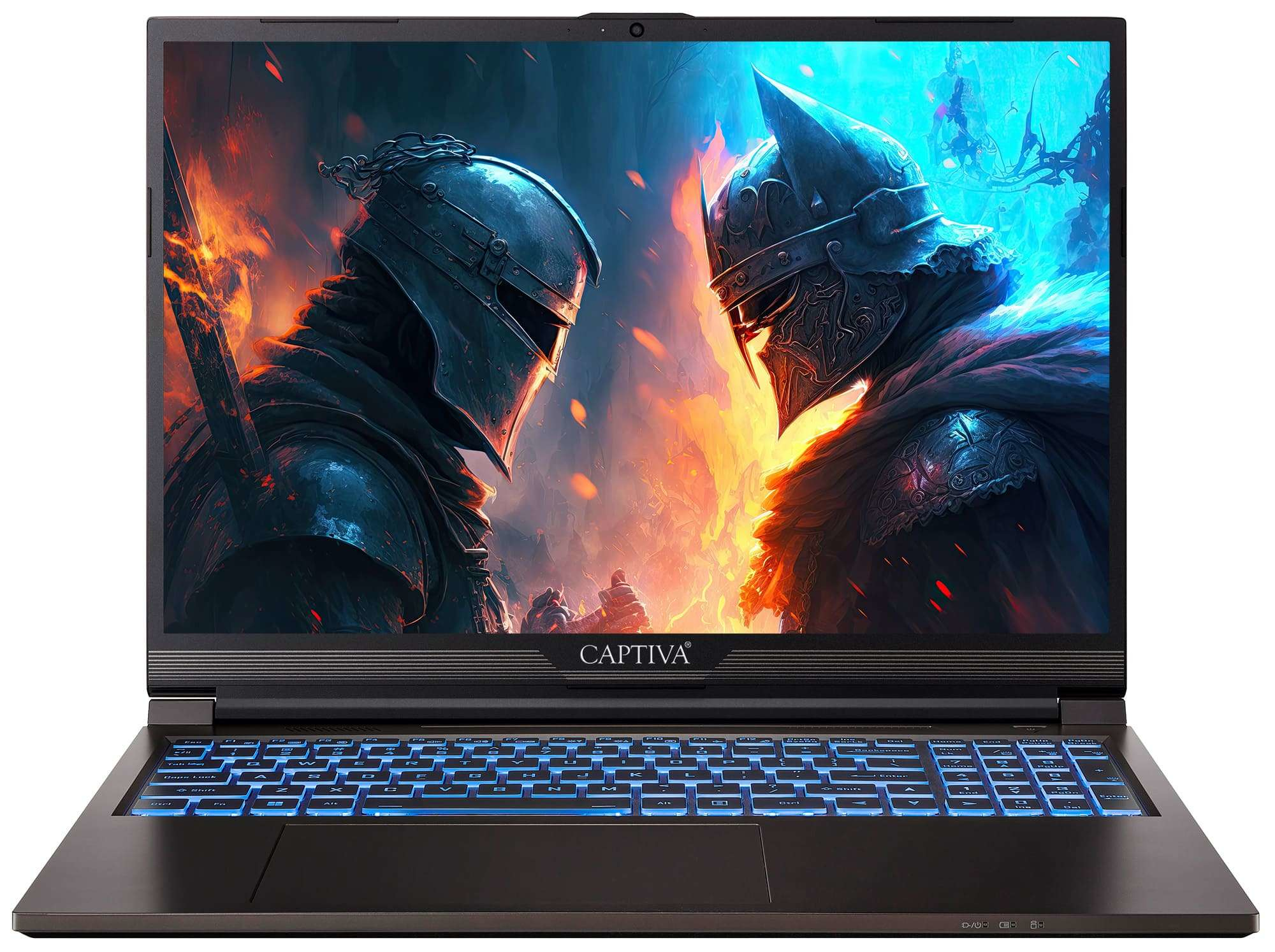 Schermo del laptop che mostra una scena di battaglia con cavalieri. Il laptop è aperto. La luce blu emana dalla tastiera.