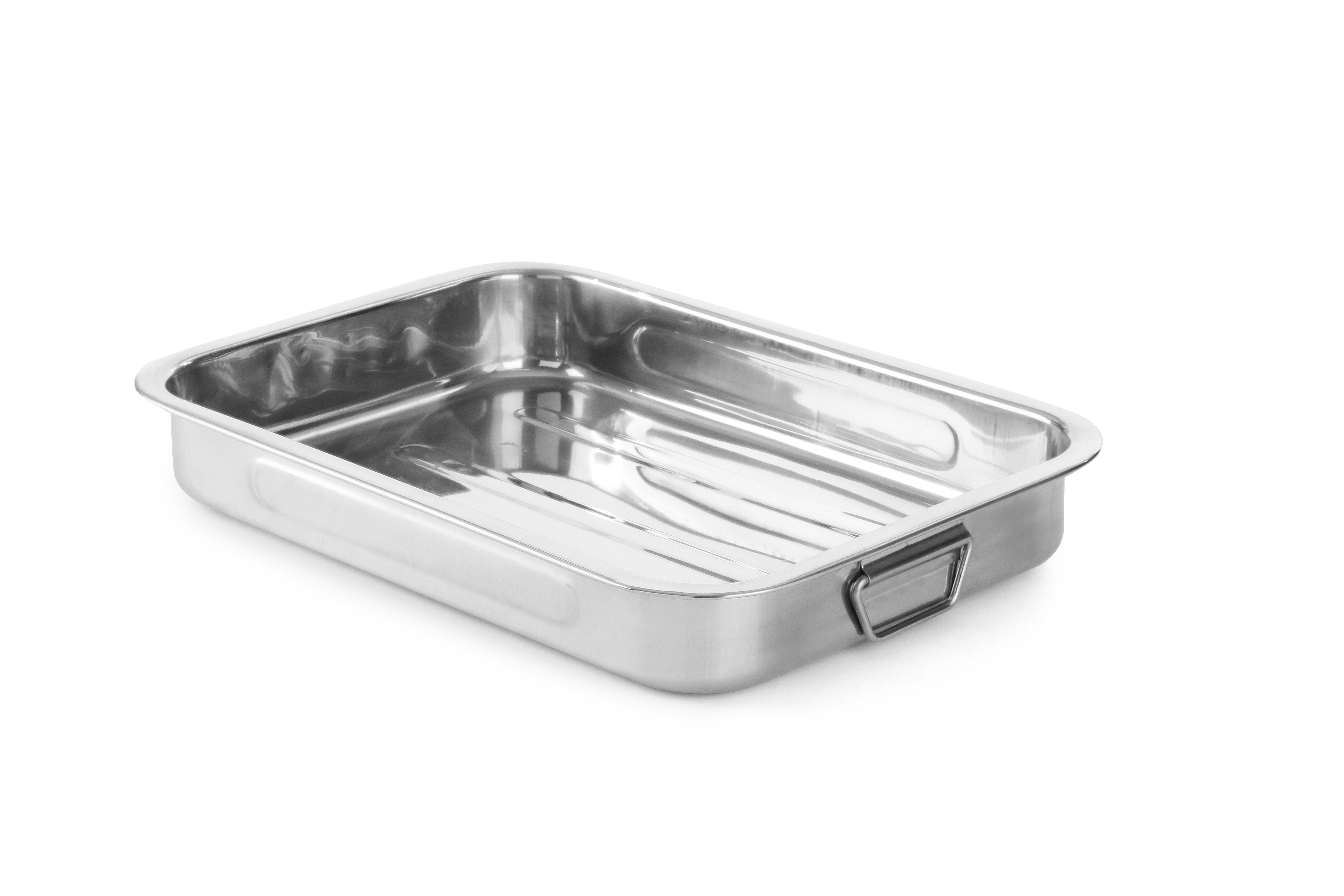 Una teglia in acciaio inox con manici, su una superficie bianca.