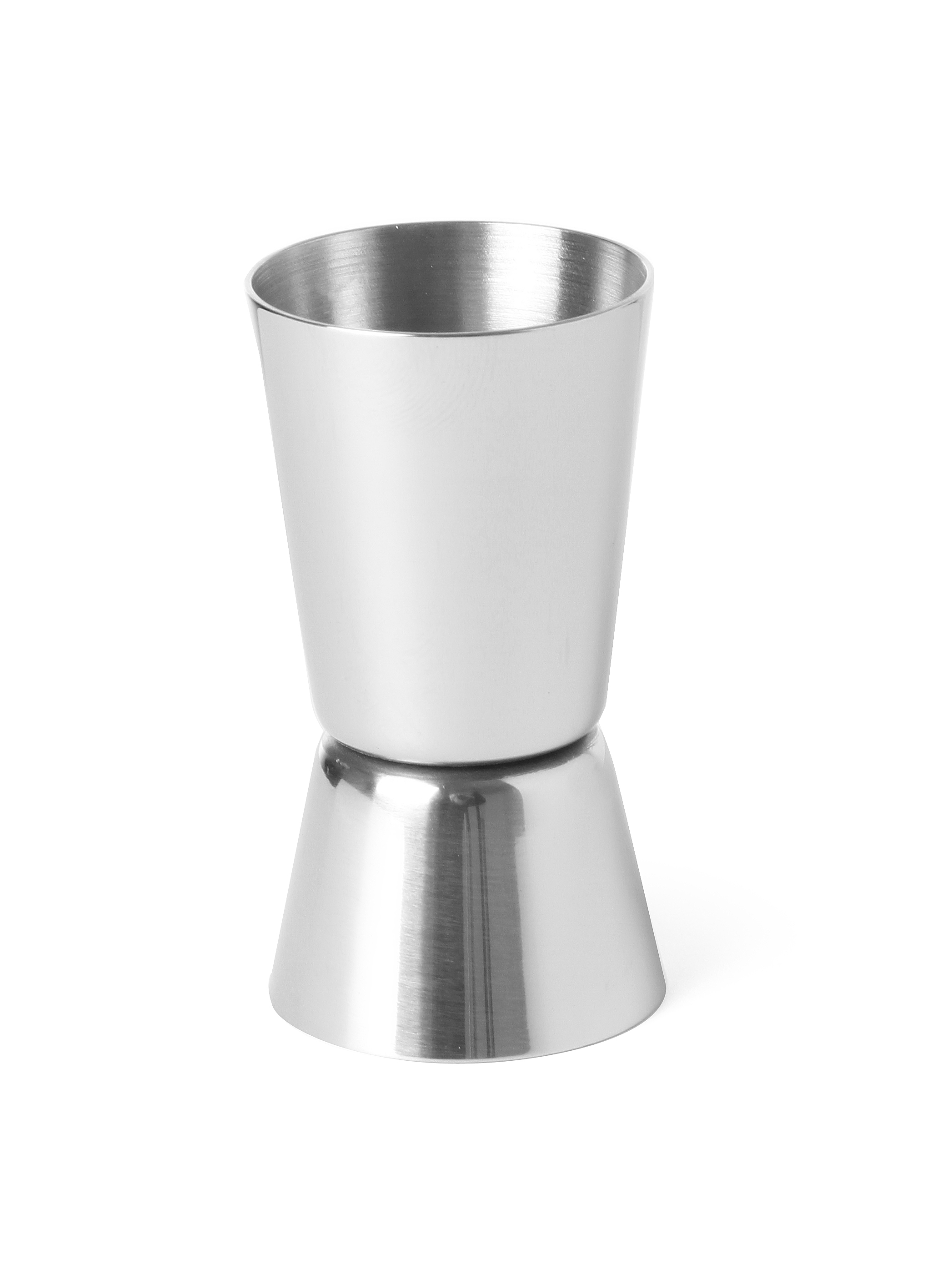 Jigger in acciaio inox, forma a clessidra, con due misurini, sfondo bianco.
