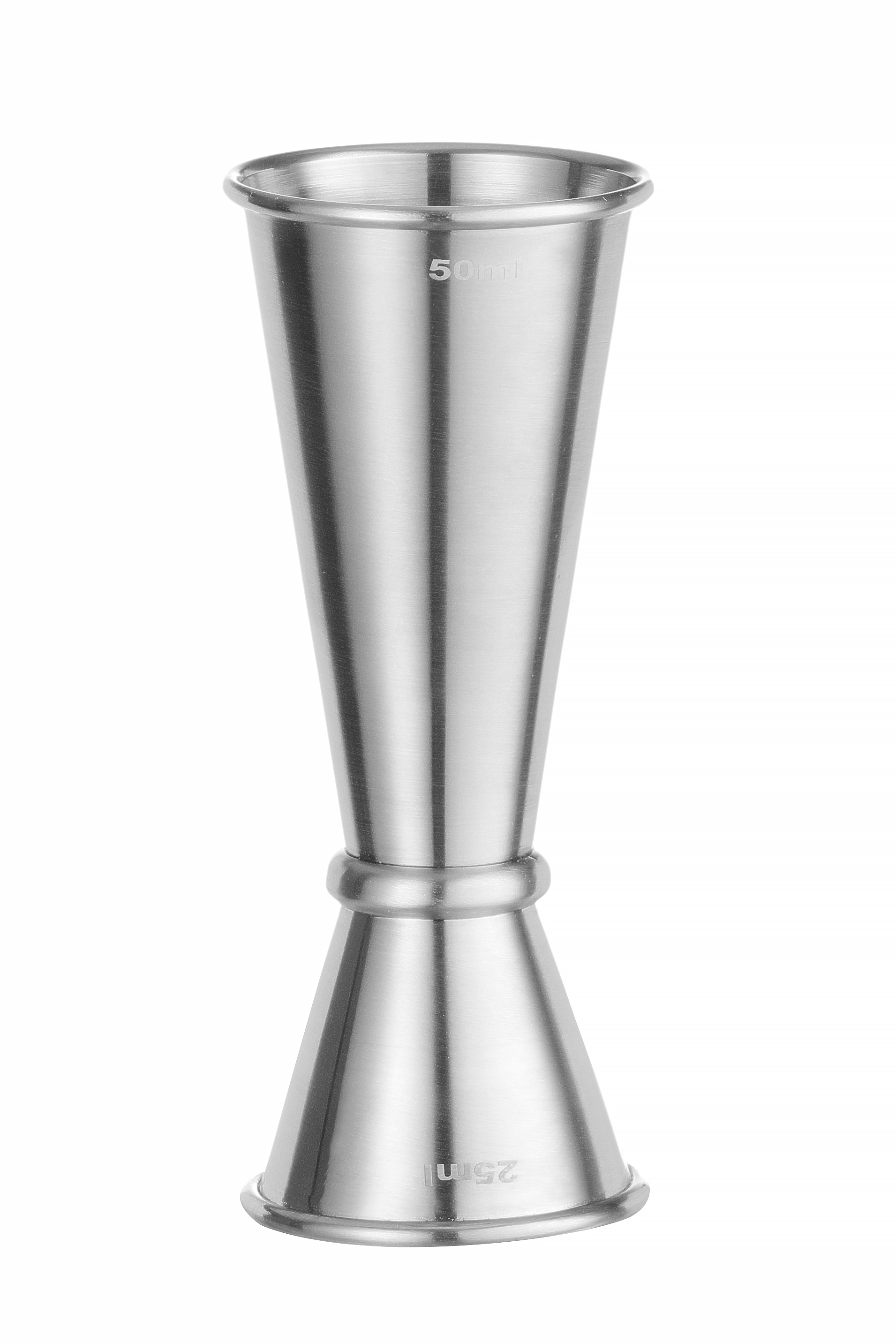 Un jigger in acciaio inossidabile. Viene utilizzato per misurare i liquidi. Ha segni da 25 ml e 50 ml.
