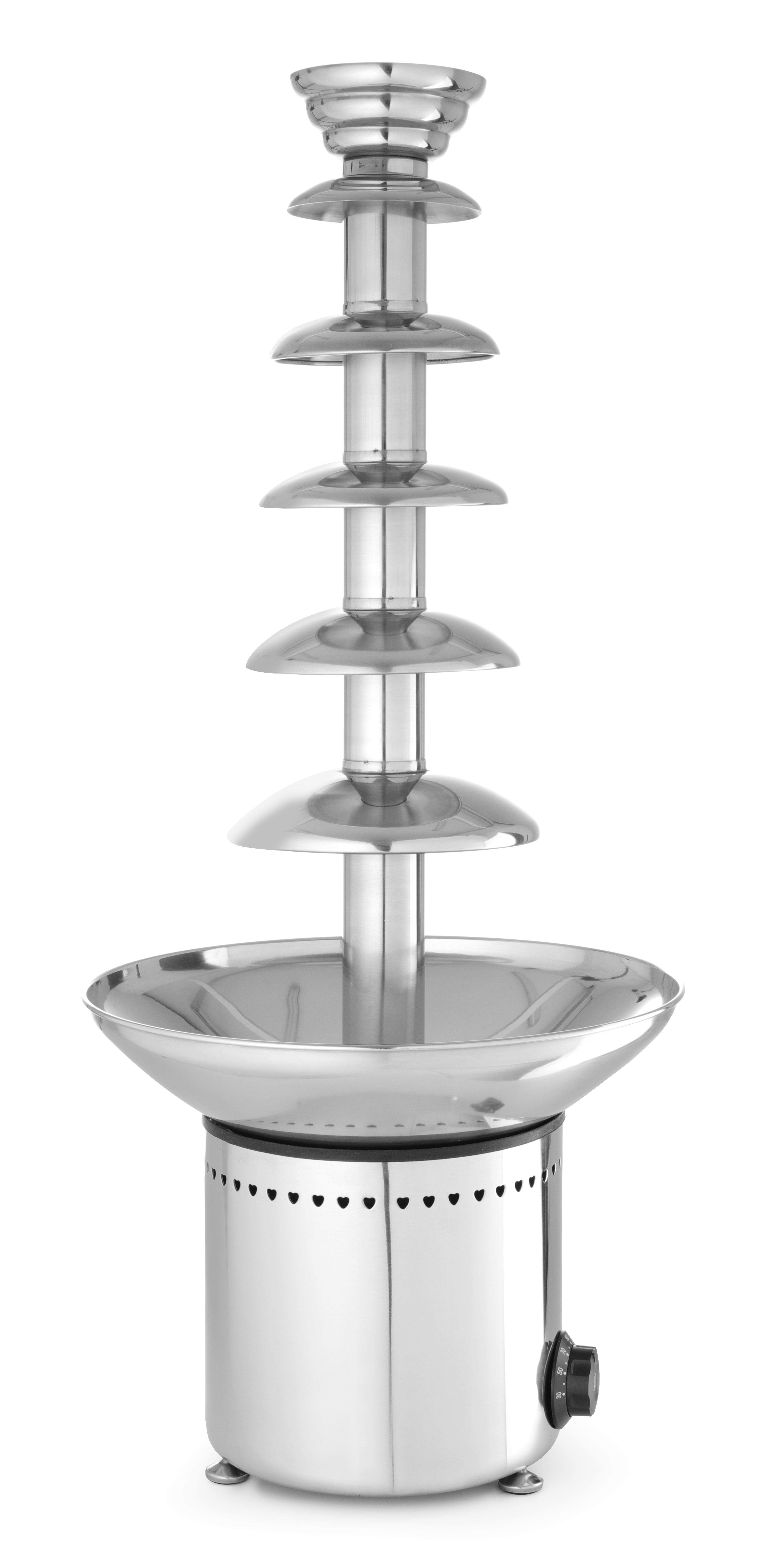 Una fontana di cioccolato argentata e alta su sfondo bianco. Ha più livelli e una base nera.