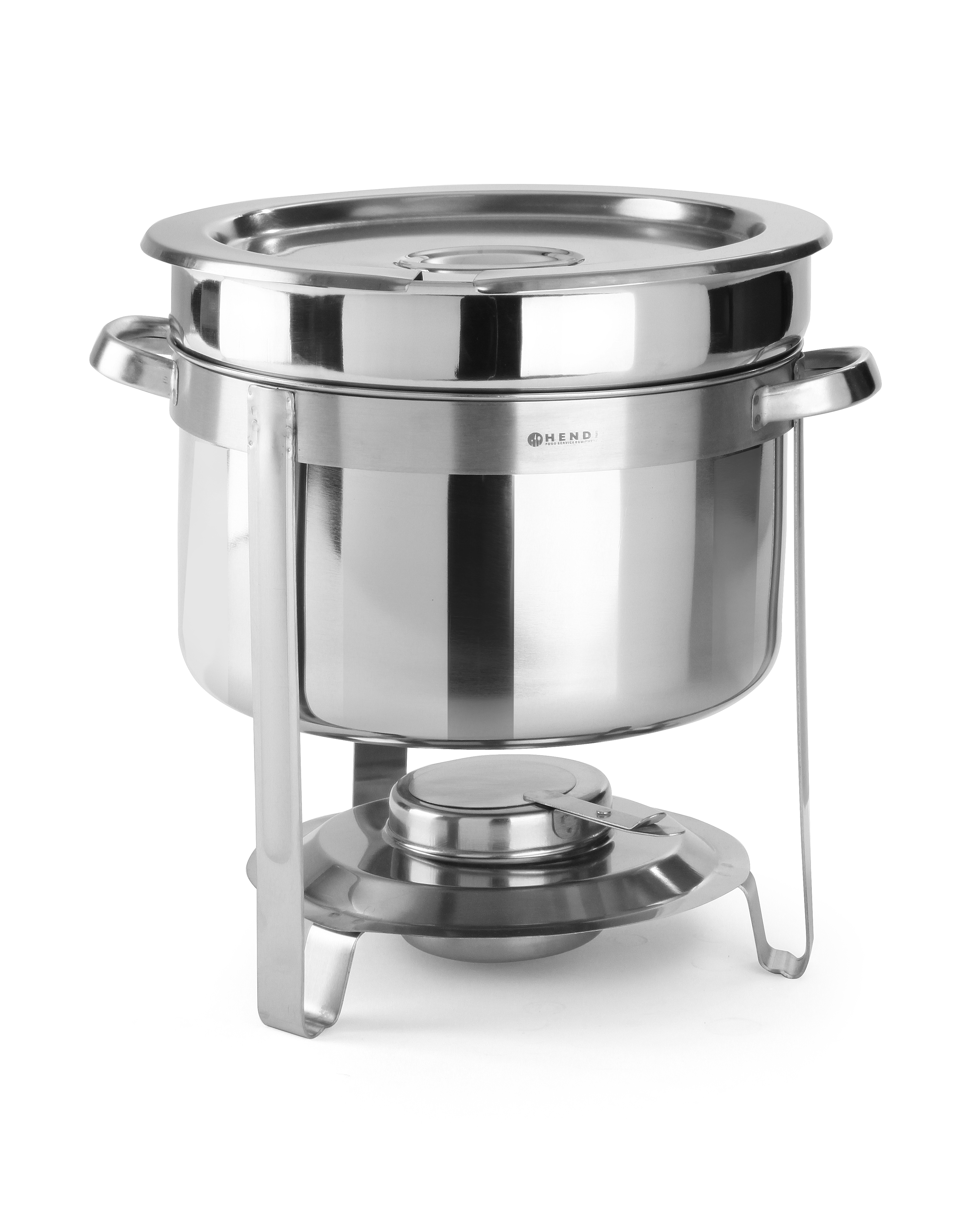 Scaldavivande in acciaio inox con coperchio, due manici e supporto con porta combustibile.