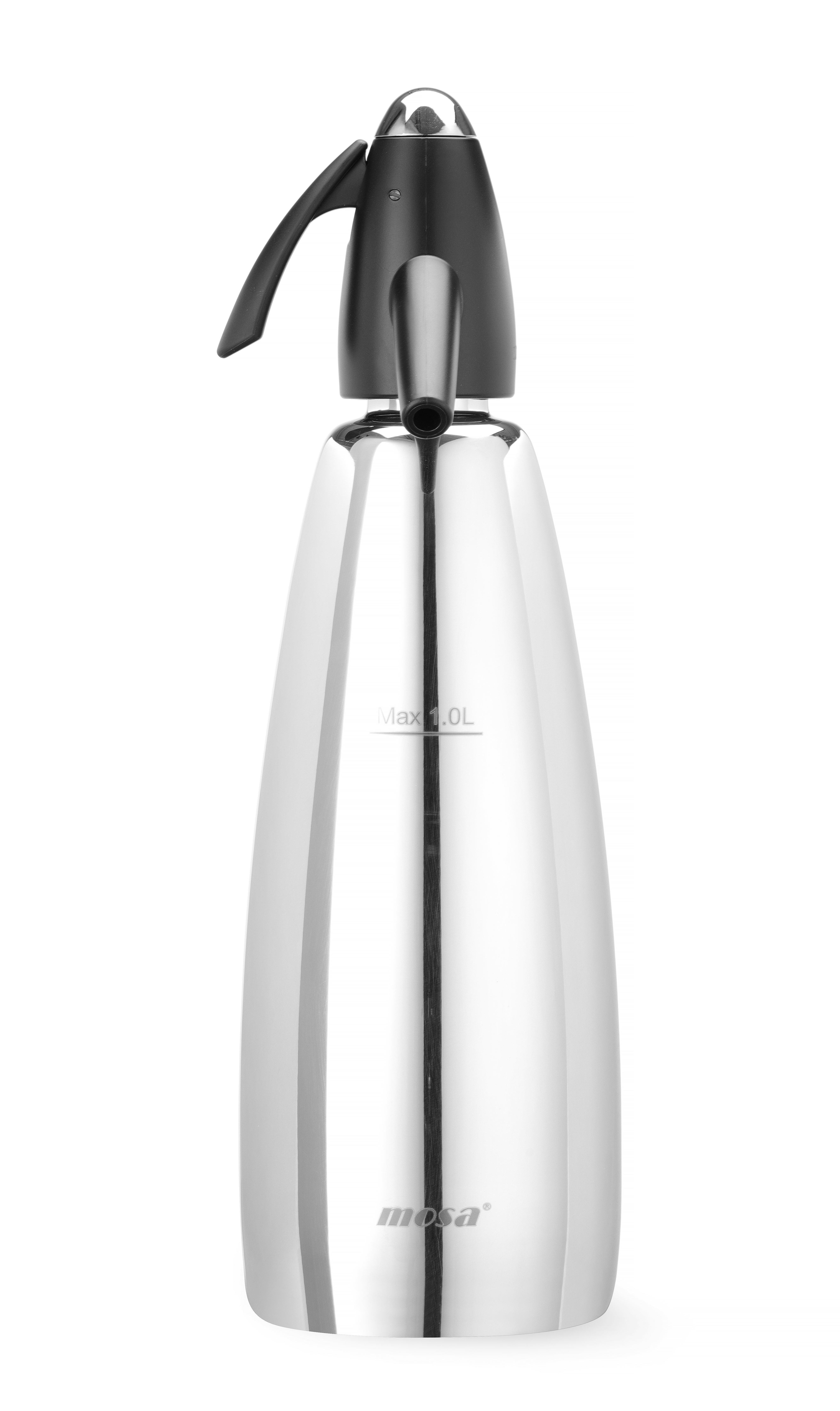 Sifone per soda in acciaio inox con parte superiore nera e sfondo bianco. Max 1.0L scritto.
