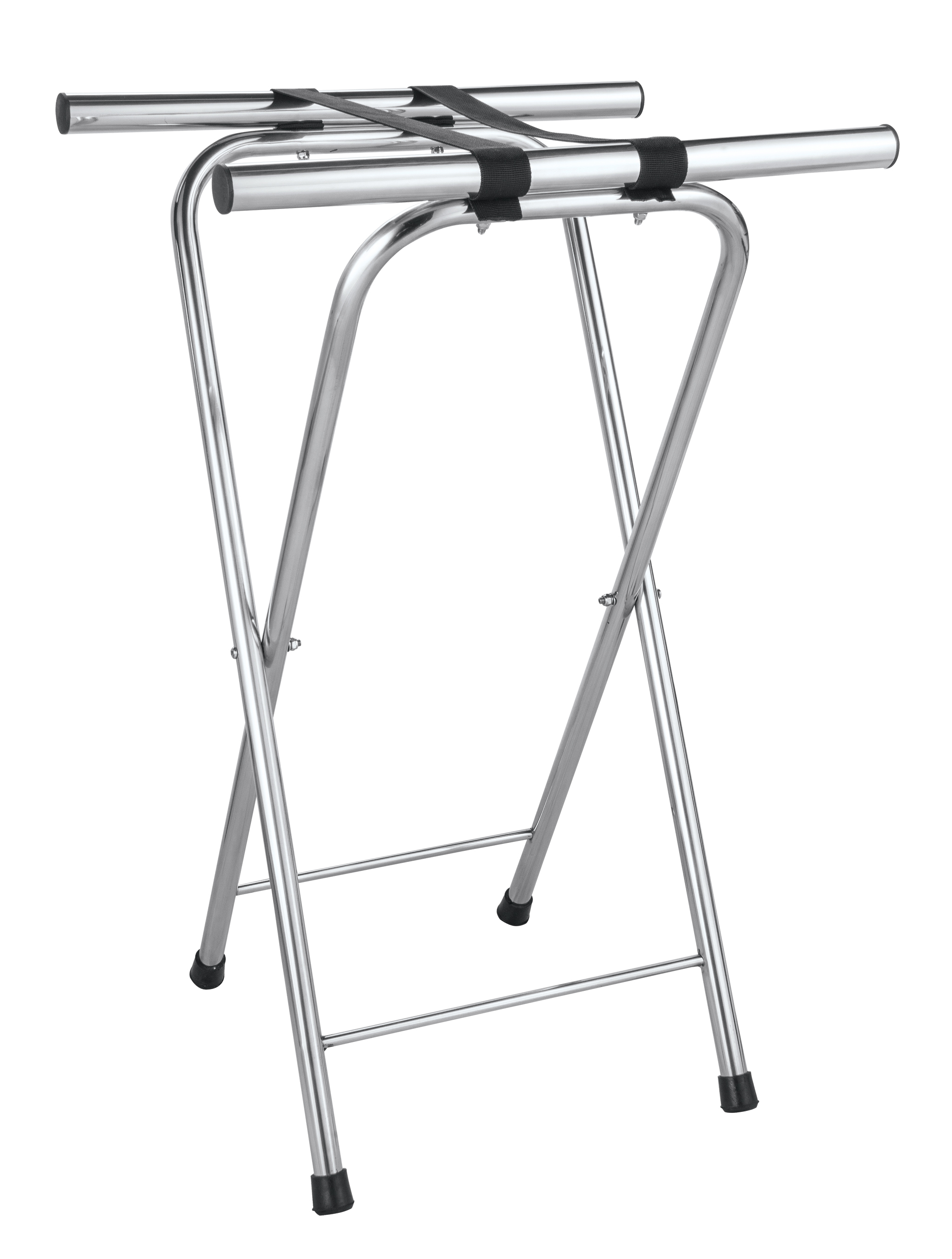 Un supporto pieghevole cromato. Ha una traversa e gambe ricurve.