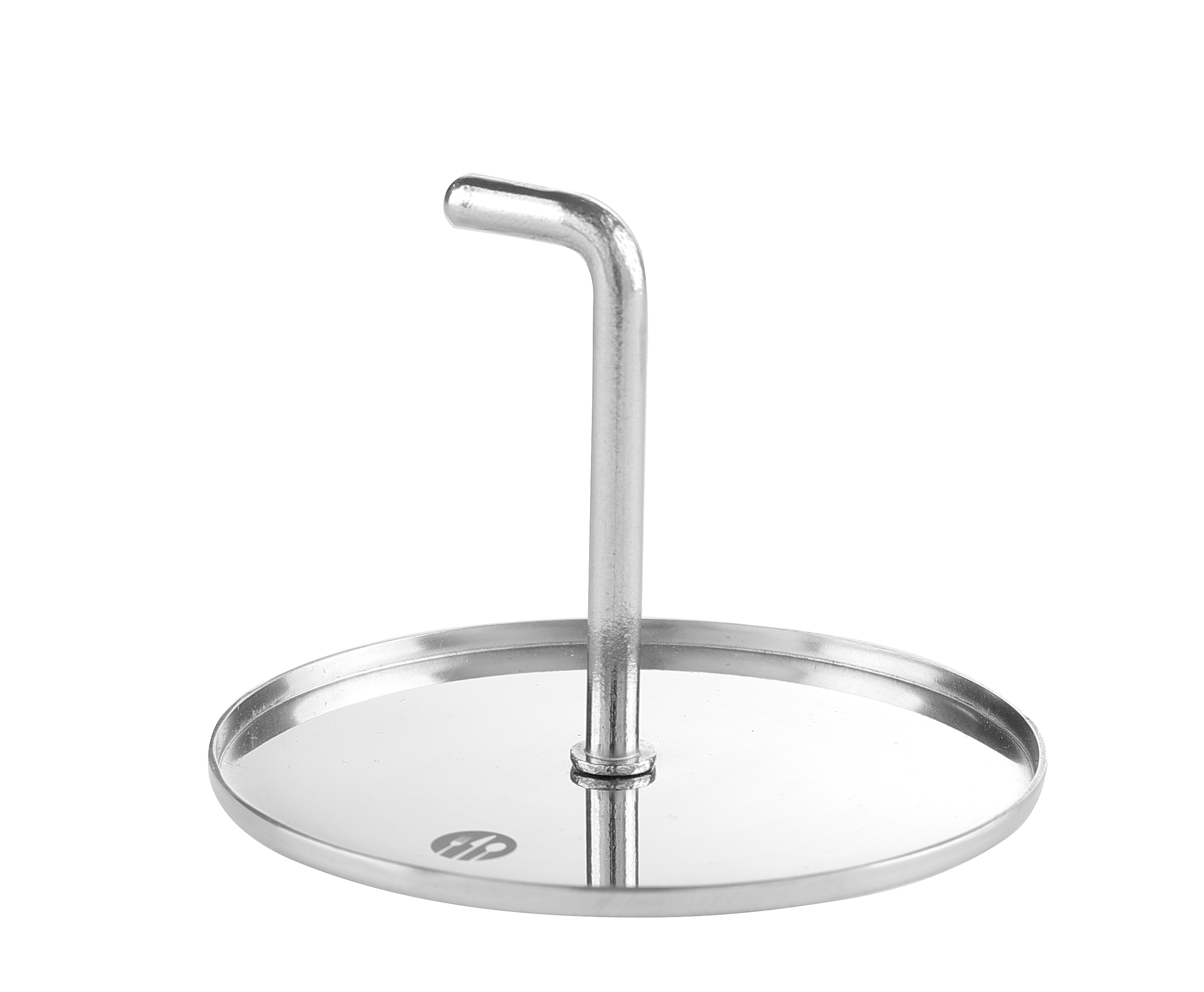 Supporto in acciaio inox per un piatto. Base circolare con supporto verticale, sfondo bianco.