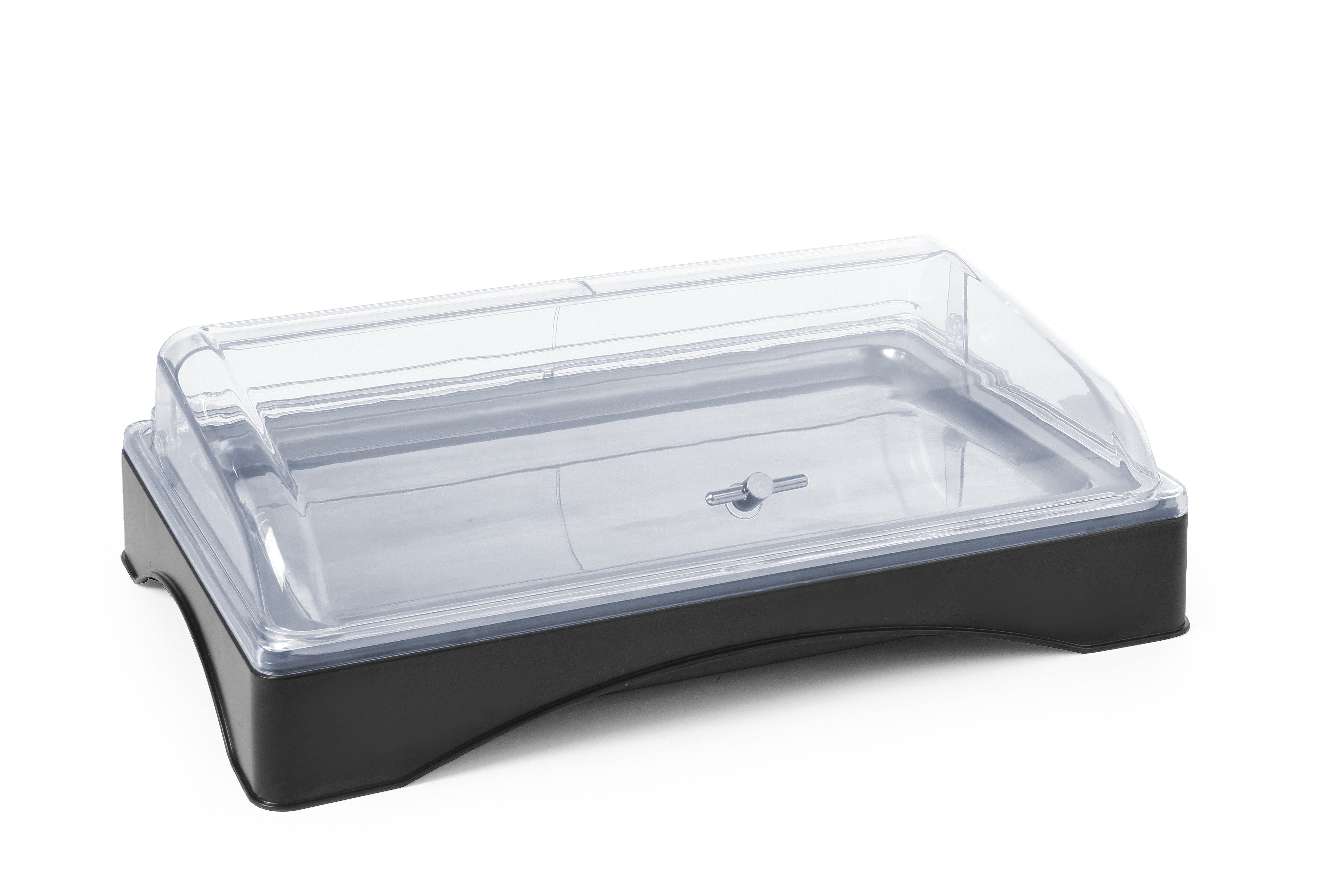 Una base nera rettangolare per scaldavivande con coperchio in plastica trasparente.