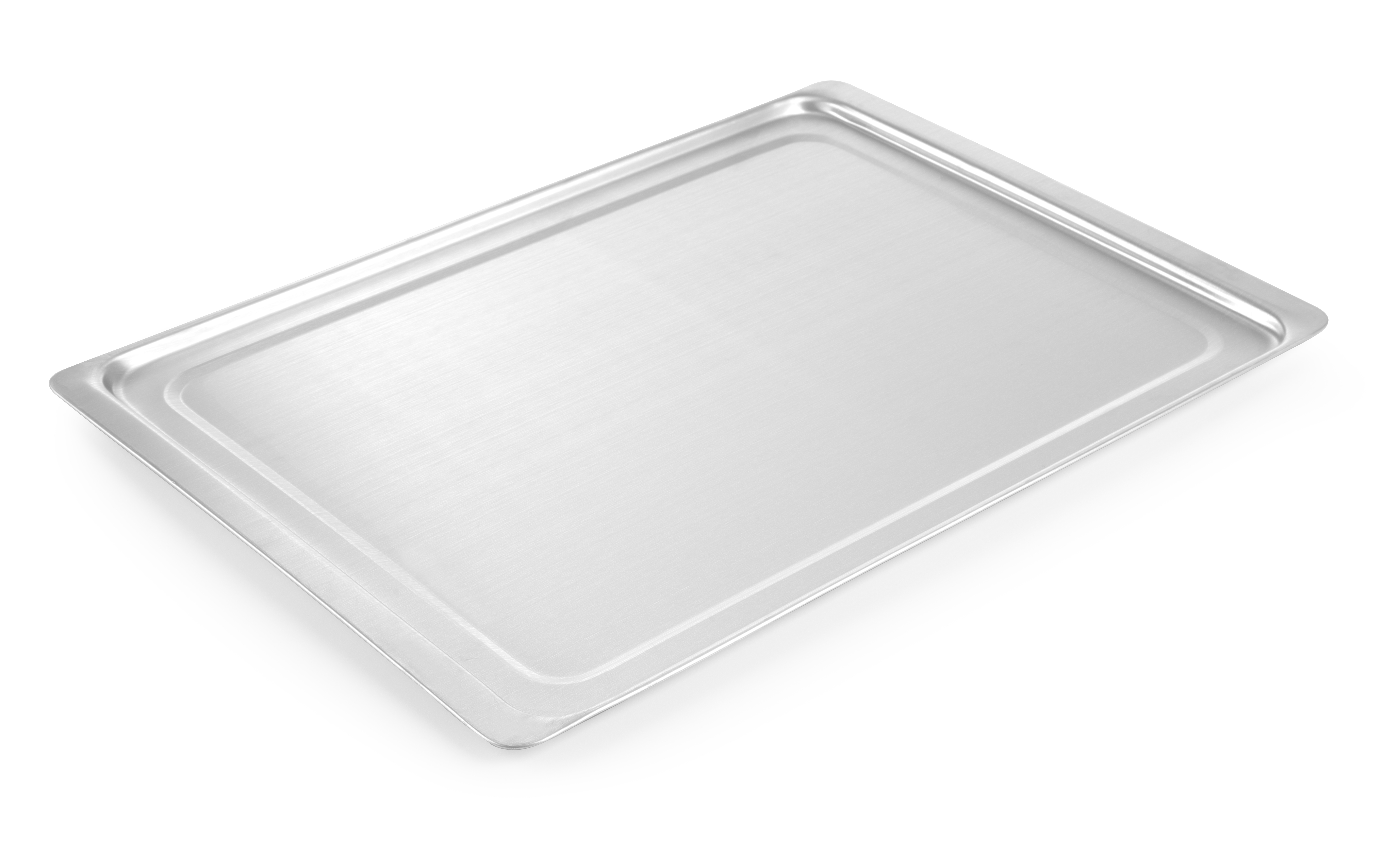 Vassoio rettangolare in acciaio inox con bordo leggermente rialzato. Sfondo bianco.