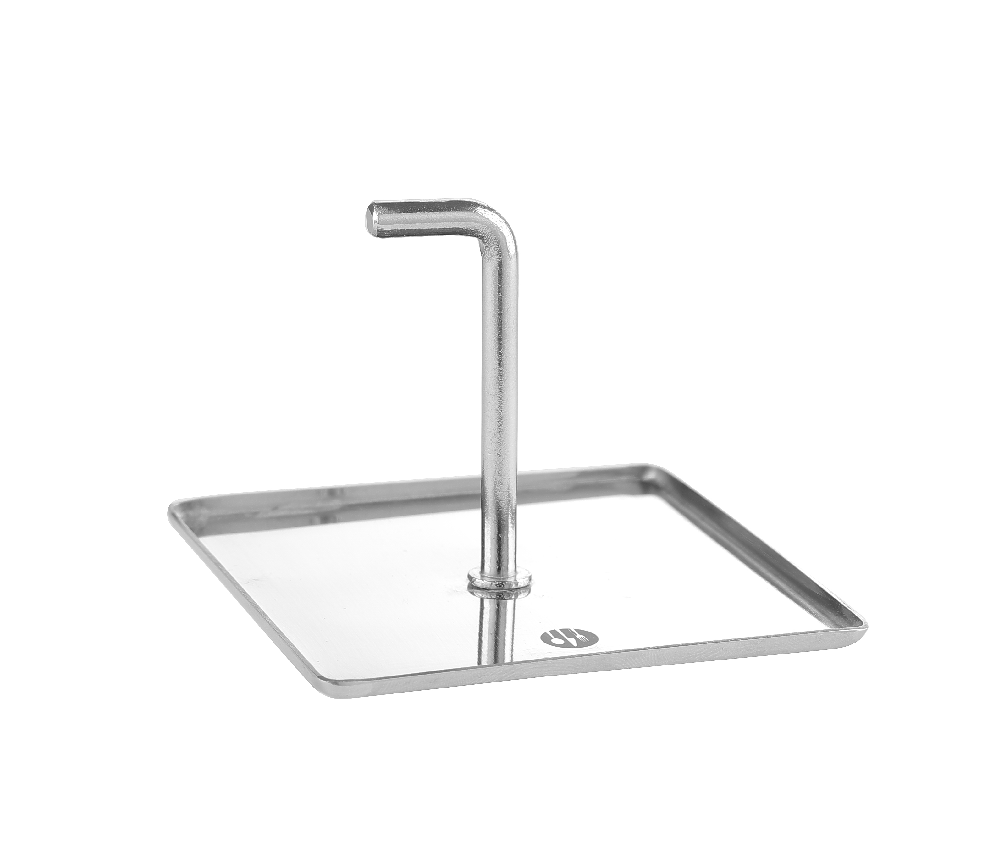 Un supporto quadrato in acciaio inox con manico verticale, su sfondo bianco.