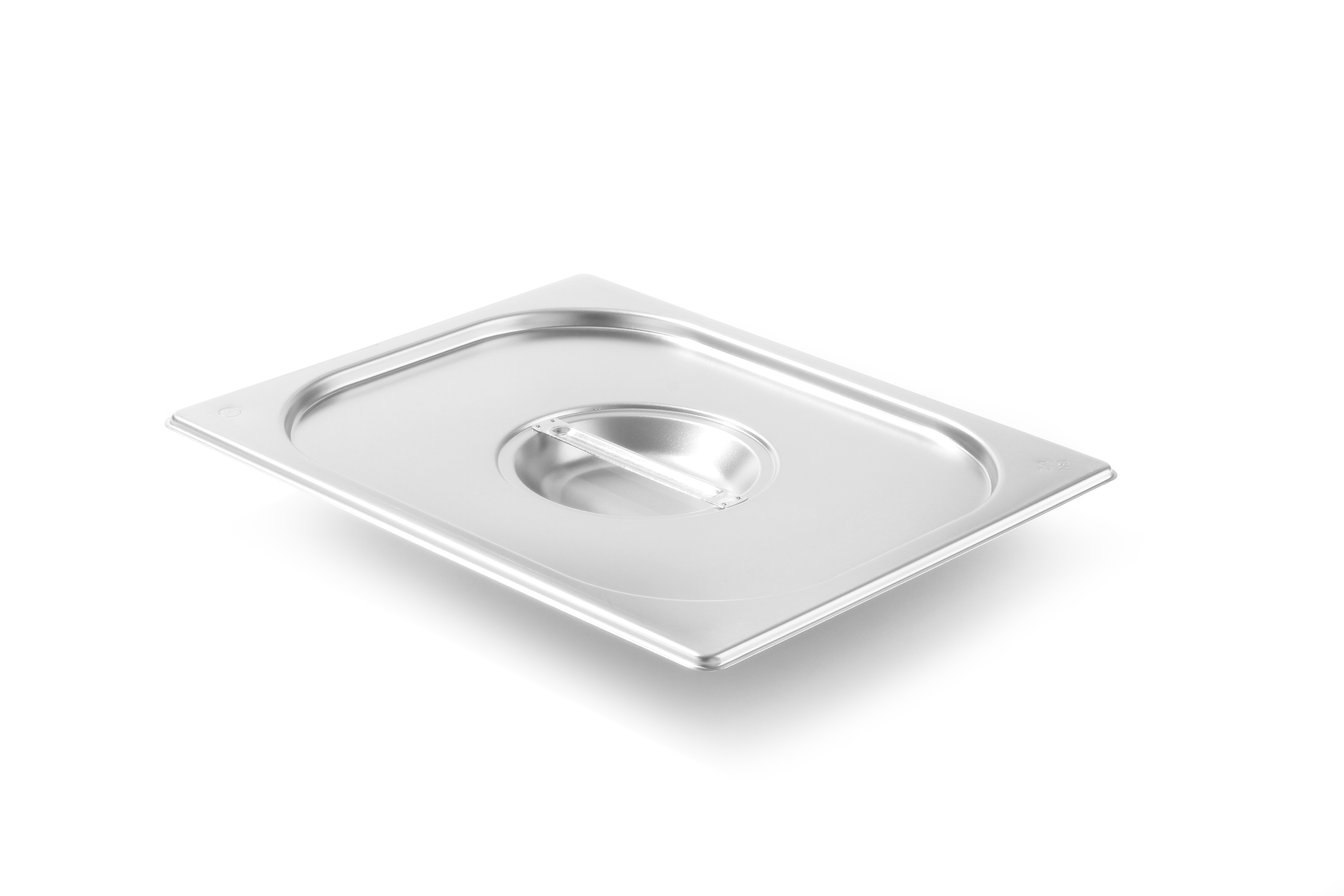 Un coperchio per vaschetta in acciaio inox con manico, su sfondo bianco.